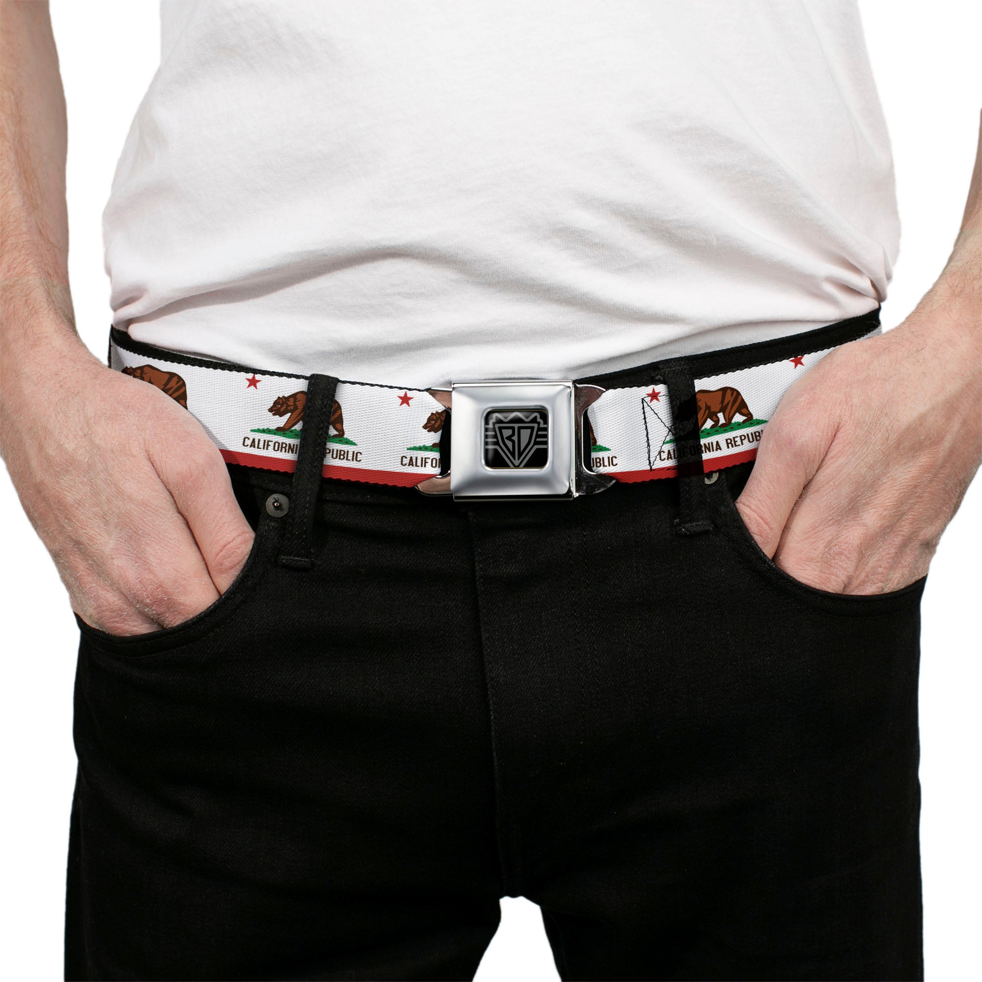 BD Wings Logo CLOSE-UP Full Color Black Silver Seatbelt Belt - California State Flag White Webbing Seatbelt Belts Buckle-Down