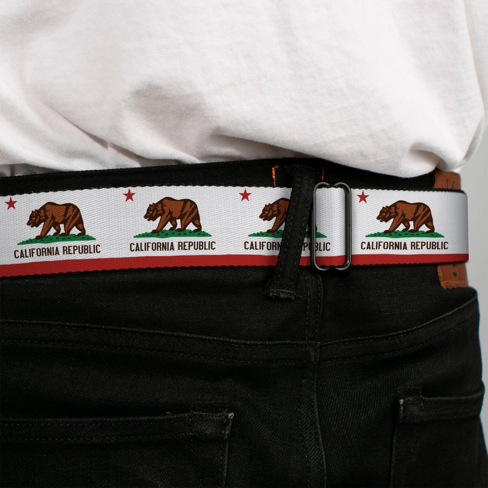 BD Wings Logo CLOSE-UP Full Color Black Silver Seatbelt Belt - California State Flag White Webbing Seatbelt Belts Buckle-Down