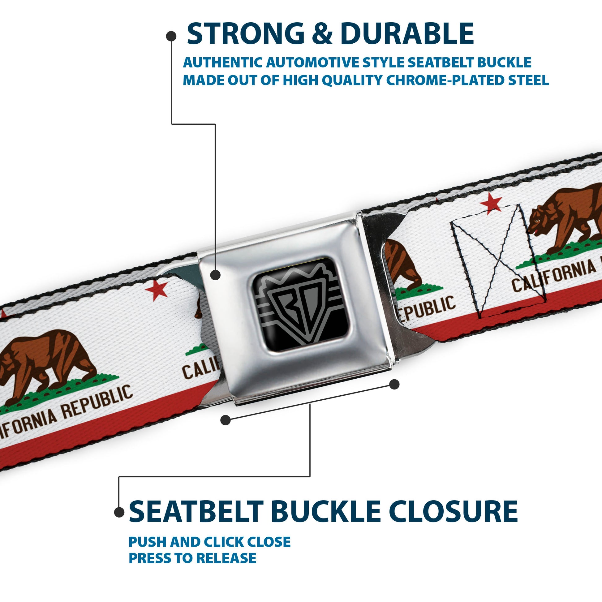 BD Wings Logo CLOSE-UP Full Color Black Silver Seatbelt Belt - California State Flag White Webbing Seatbelt Belts Buckle-Down