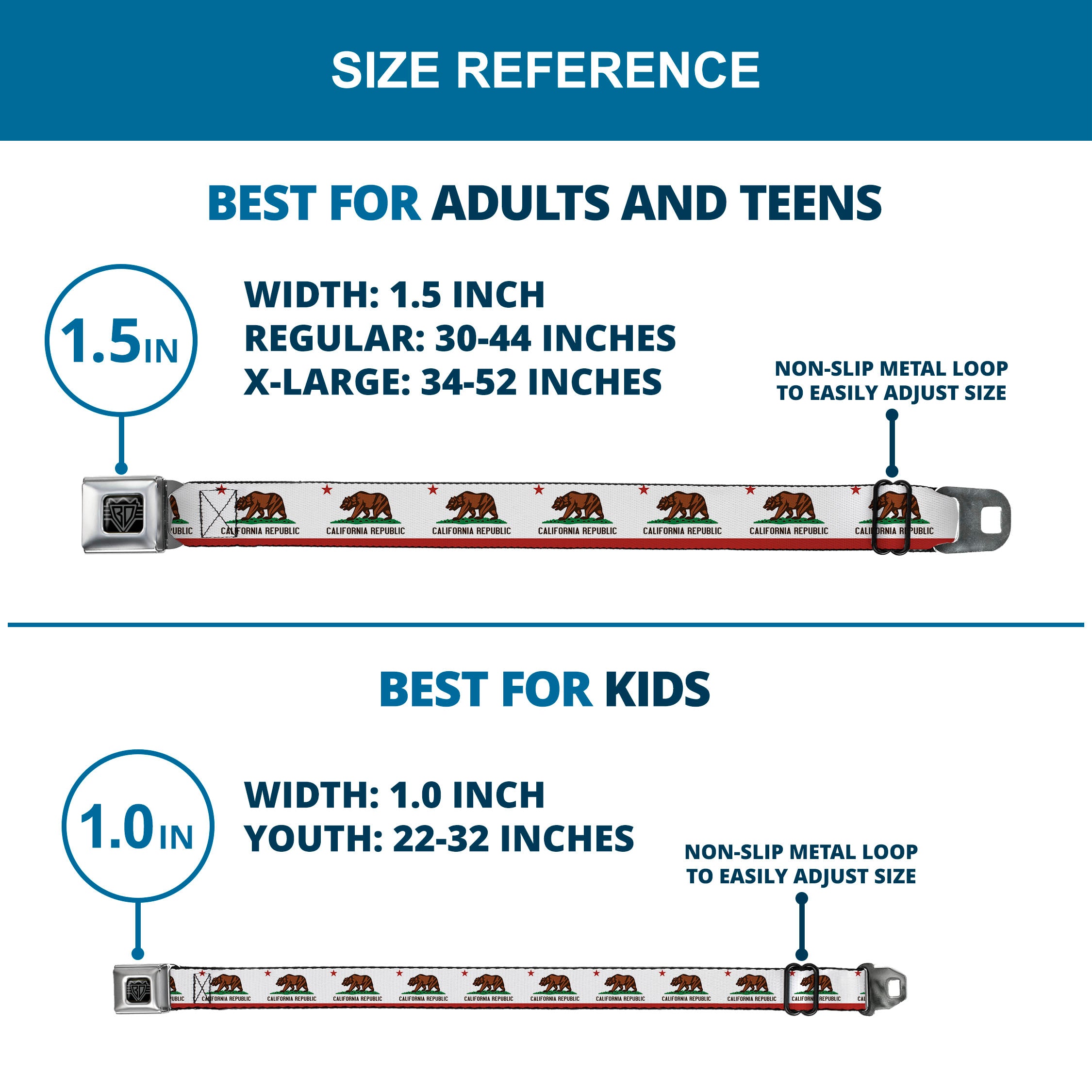 BD Wings Logo CLOSE-UP Full Color Black Silver Seatbelt Belt - California State Flag White Webbing Seatbelt Belts Buckle-Down