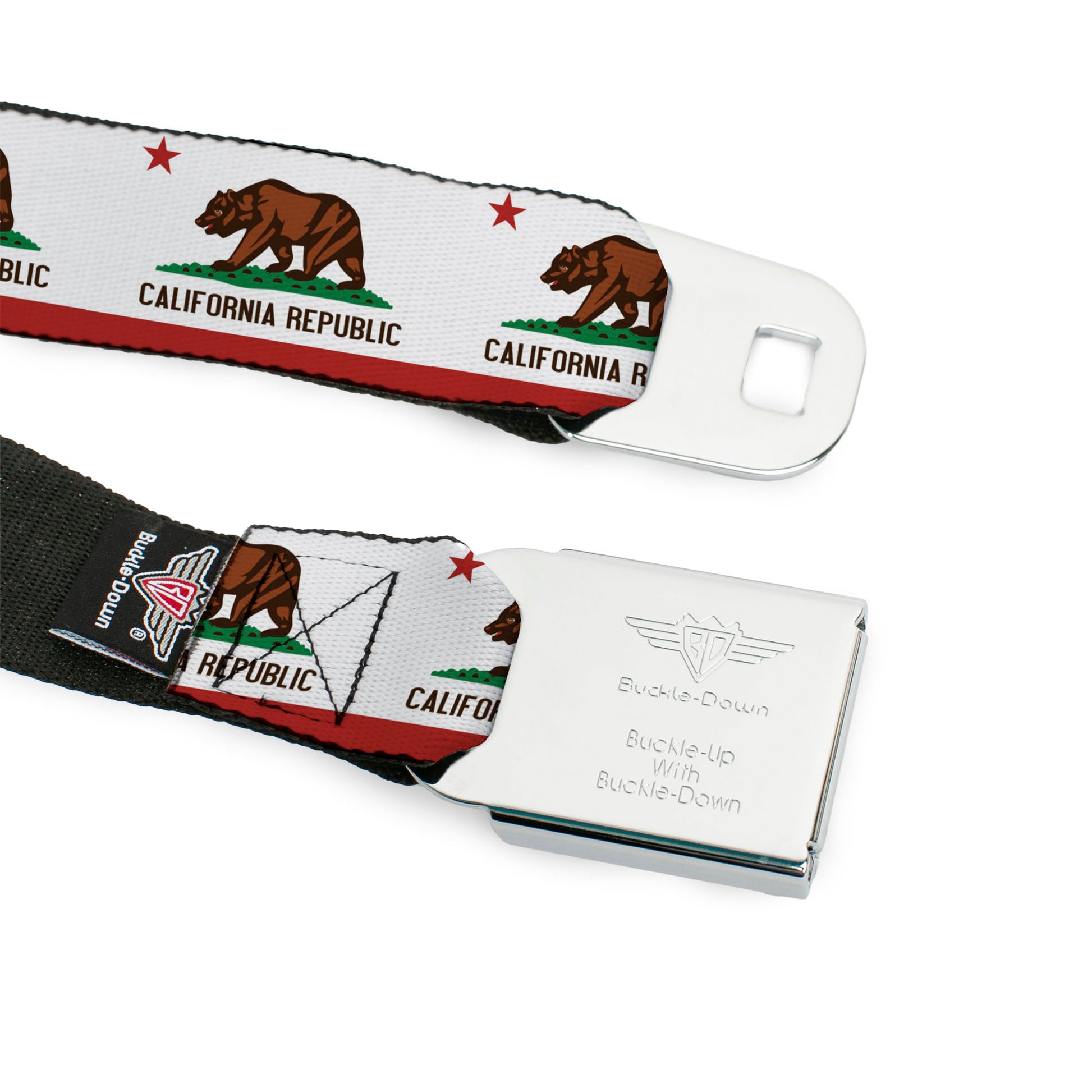BD Wings Logo CLOSE-UP Full Color Black Silver Seatbelt Belt - California State Flag White Webbing Seatbelt Belts Buckle-Down