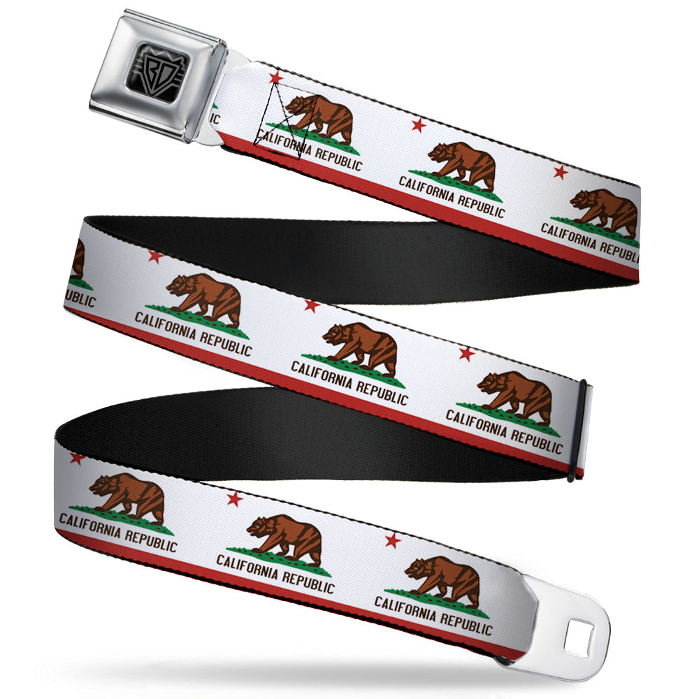 BD Wings Logo CLOSE-UP Full Color Black Silver Seatbelt Belt - California State Flag White Webbing Seatbelt Belts Buckle-Down