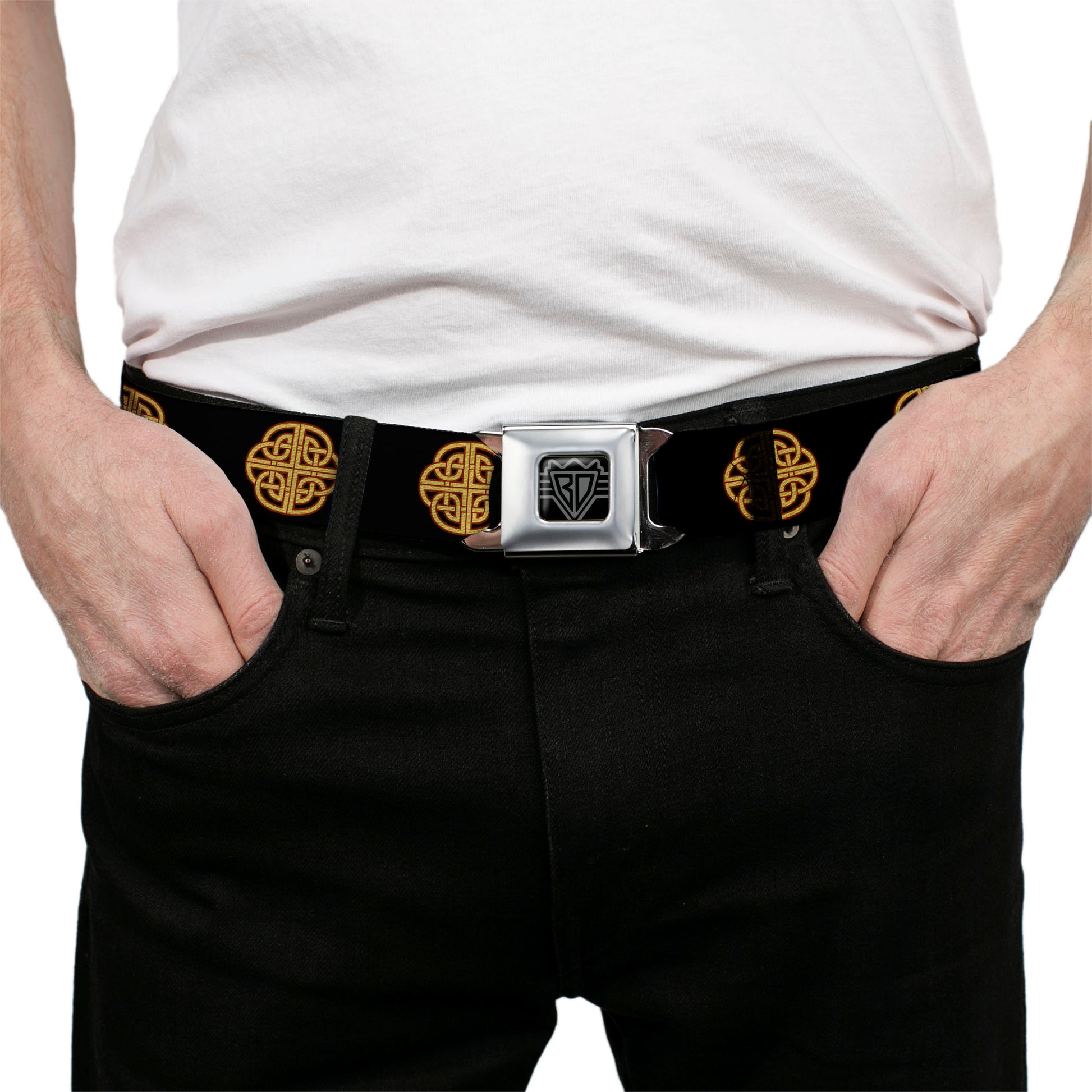 BD Wings Logo CLOSE-UP Full Color Black Silver Seatbelt Belt - Celtic Knot Black/Burgundy/Gold Webbing Seatbelt Belts Buckle-Down