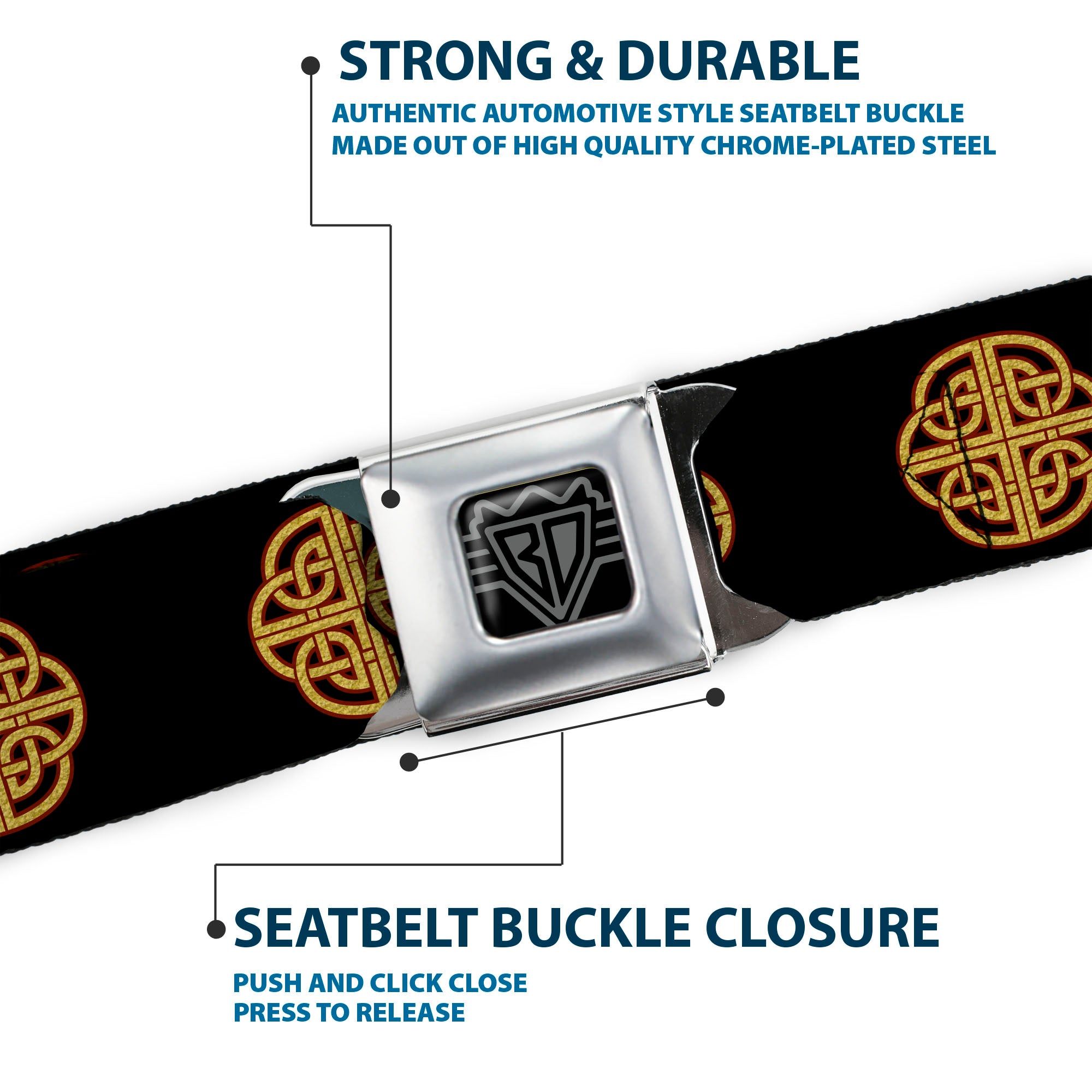 BD Wings Logo CLOSE-UP Full Color Black Silver Seatbelt Belt - Celtic Knot Black/Burgundy/Gold Webbing Seatbelt Belts Buckle-Down