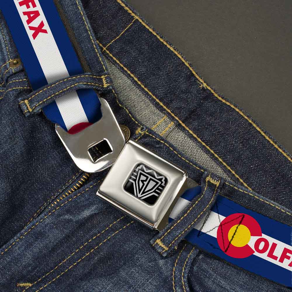 BD Wings Logo CLOSE-UP Full Color Black Silver Seatbelt Belt - Colfax Colorado Flag Webbing Seatbelt Belts Buckle-Down