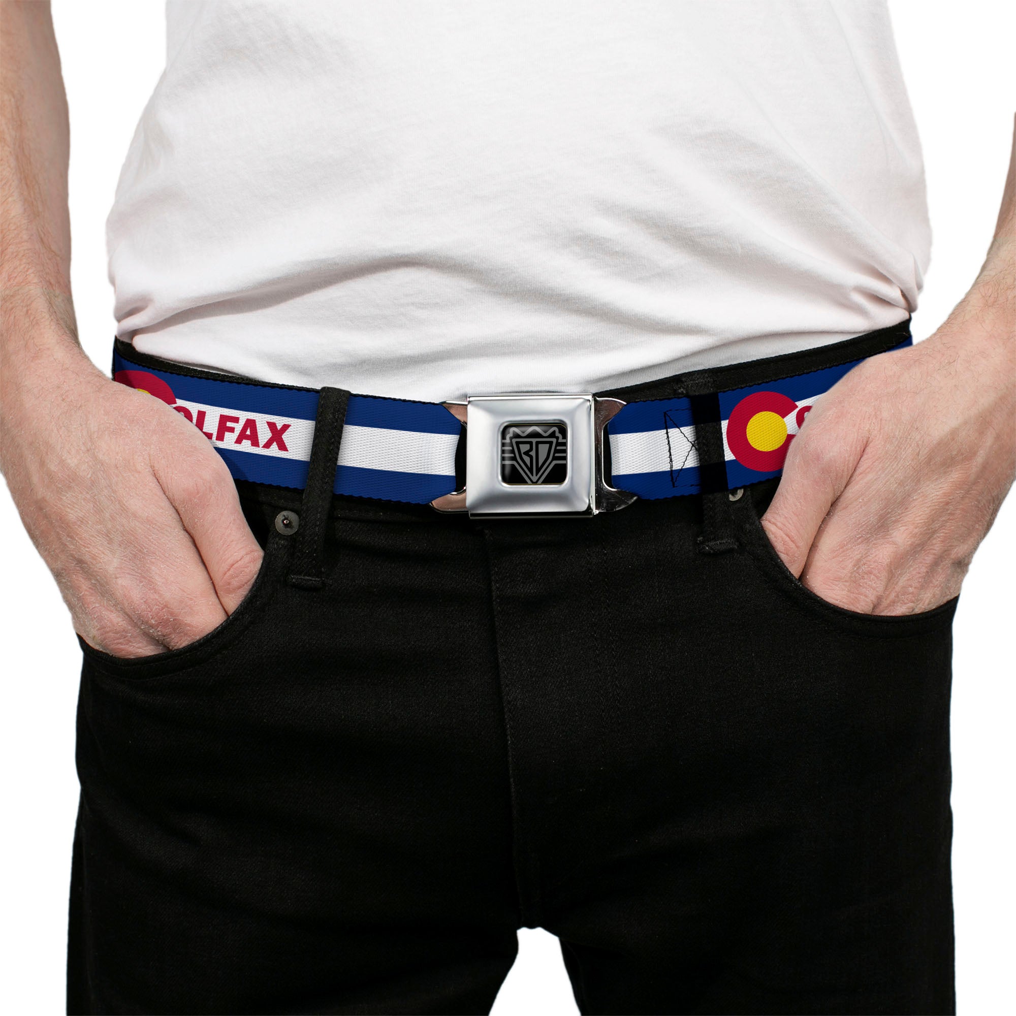 BD Wings Logo CLOSE-UP Full Color Black Silver Seatbelt Belt - Colfax Colorado Flag Webbing Seatbelt Belts Buckle-Down