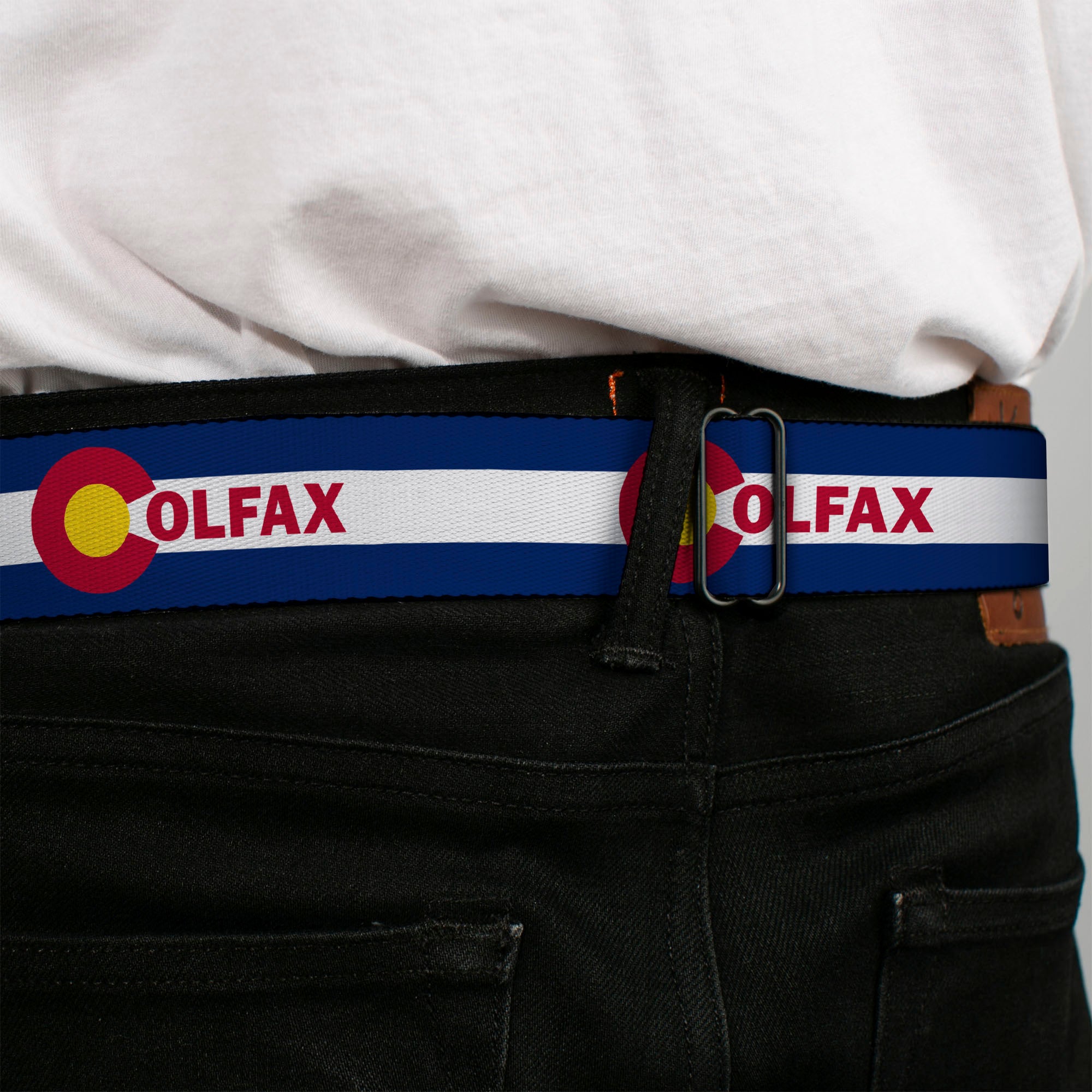BD Wings Logo CLOSE-UP Full Color Black Silver Seatbelt Belt - Colfax Colorado Flag Webbing Seatbelt Belts Buckle-Down