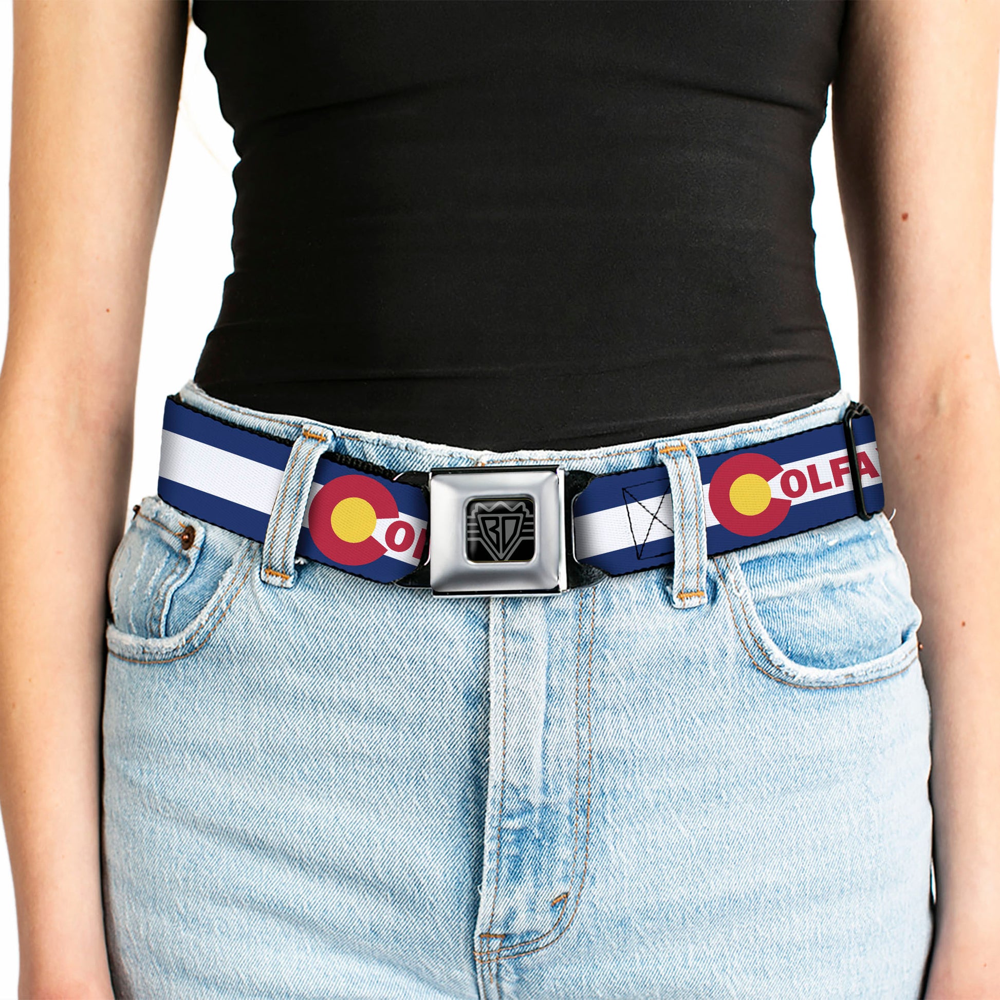 BD Wings Logo CLOSE-UP Full Color Black Silver Seatbelt Belt - Colfax Colorado Flag Webbing Seatbelt Belts Buckle-Down