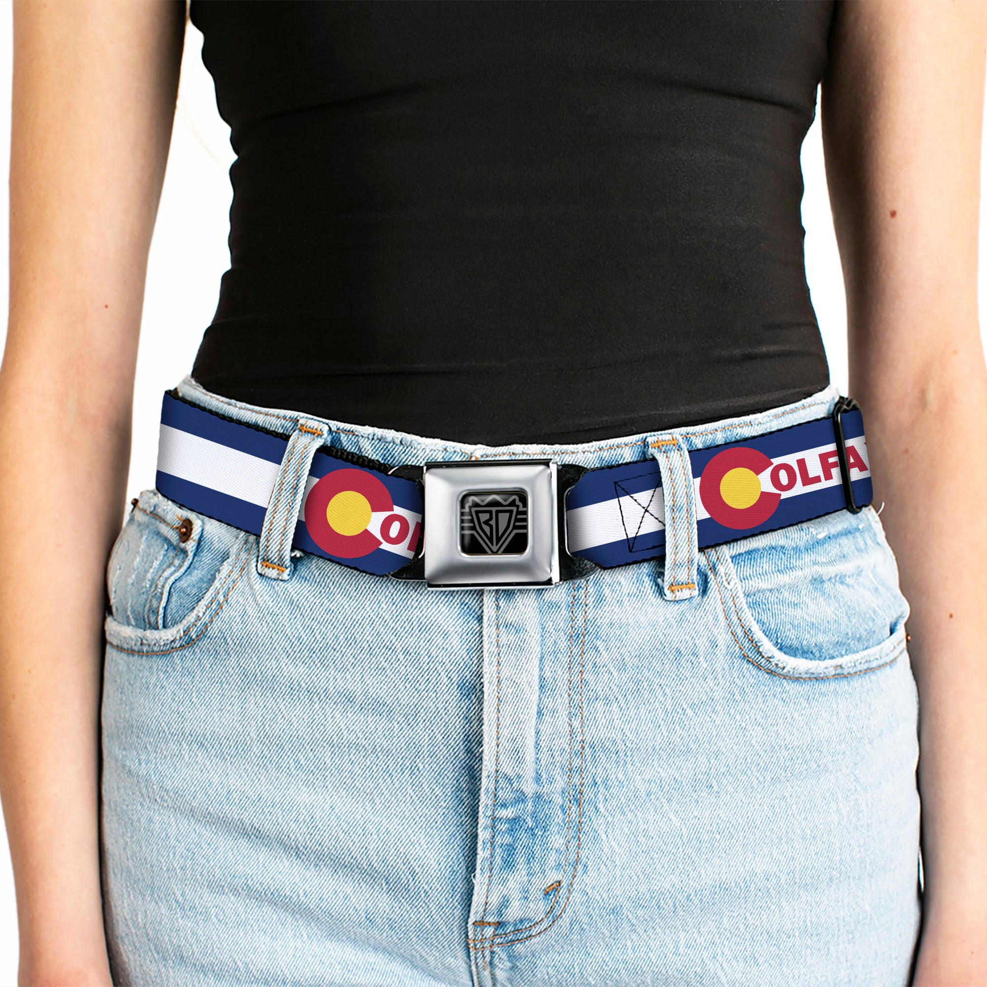 BD Wings Logo CLOSE-UP Full Color Black Silver Seatbelt Belt - Colfax Colorado Flag Webbing Seatbelt Belts Buckle-Down