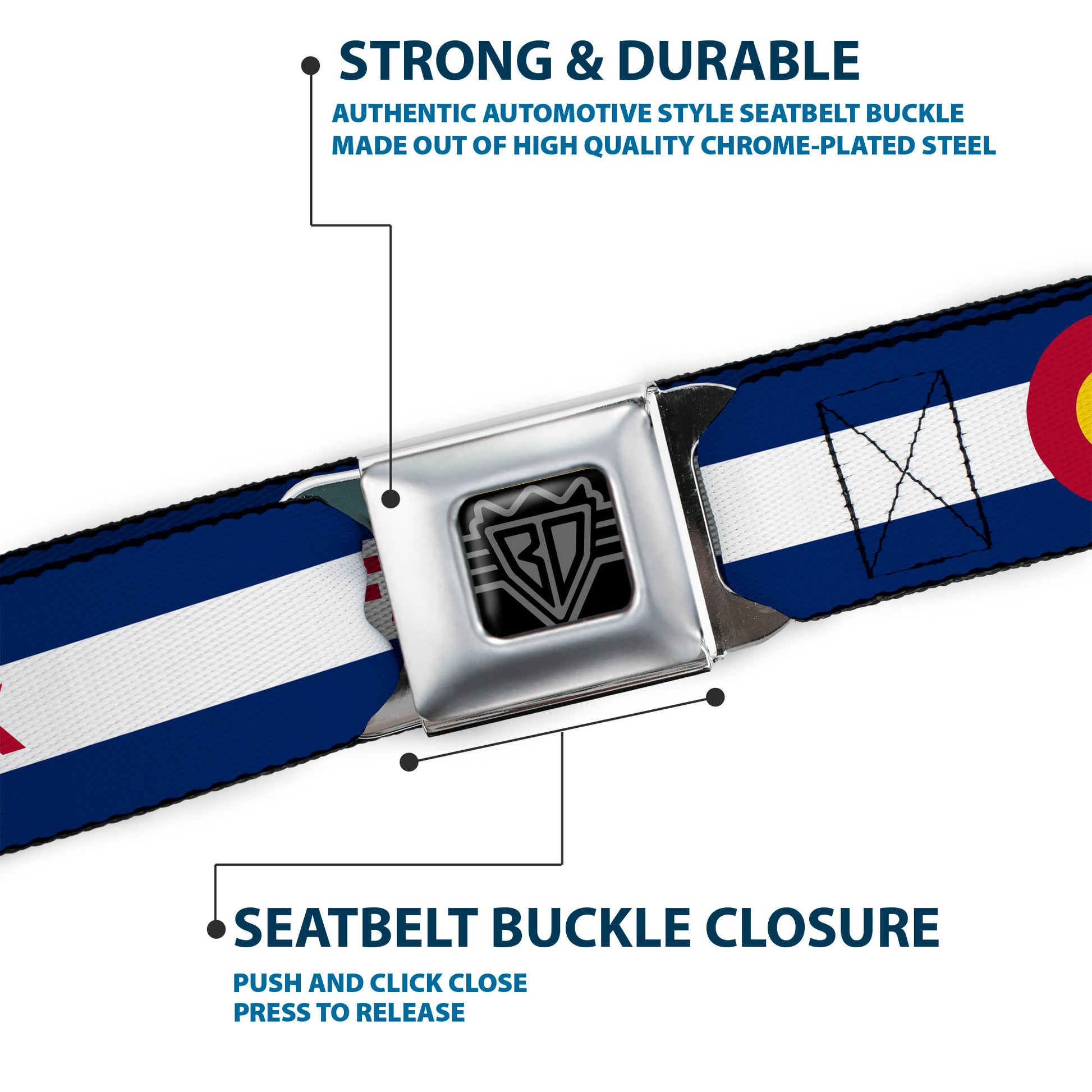BD Wings Logo CLOSE-UP Full Color Black Silver Seatbelt Belt - Colfax Colorado Flag Webbing Seatbelt Belts Buckle-Down
