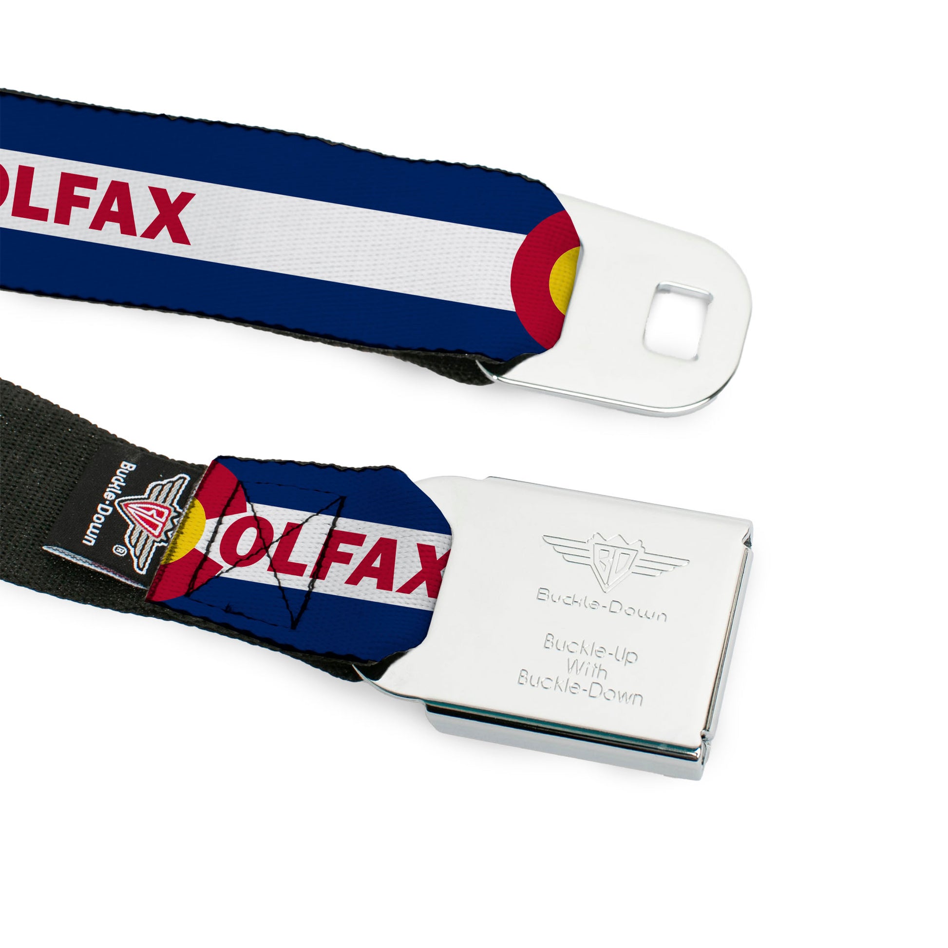 BD Wings Logo CLOSE-UP Full Color Black Silver Seatbelt Belt - Colfax Colorado Flag Webbing Seatbelt Belts Buckle-Down