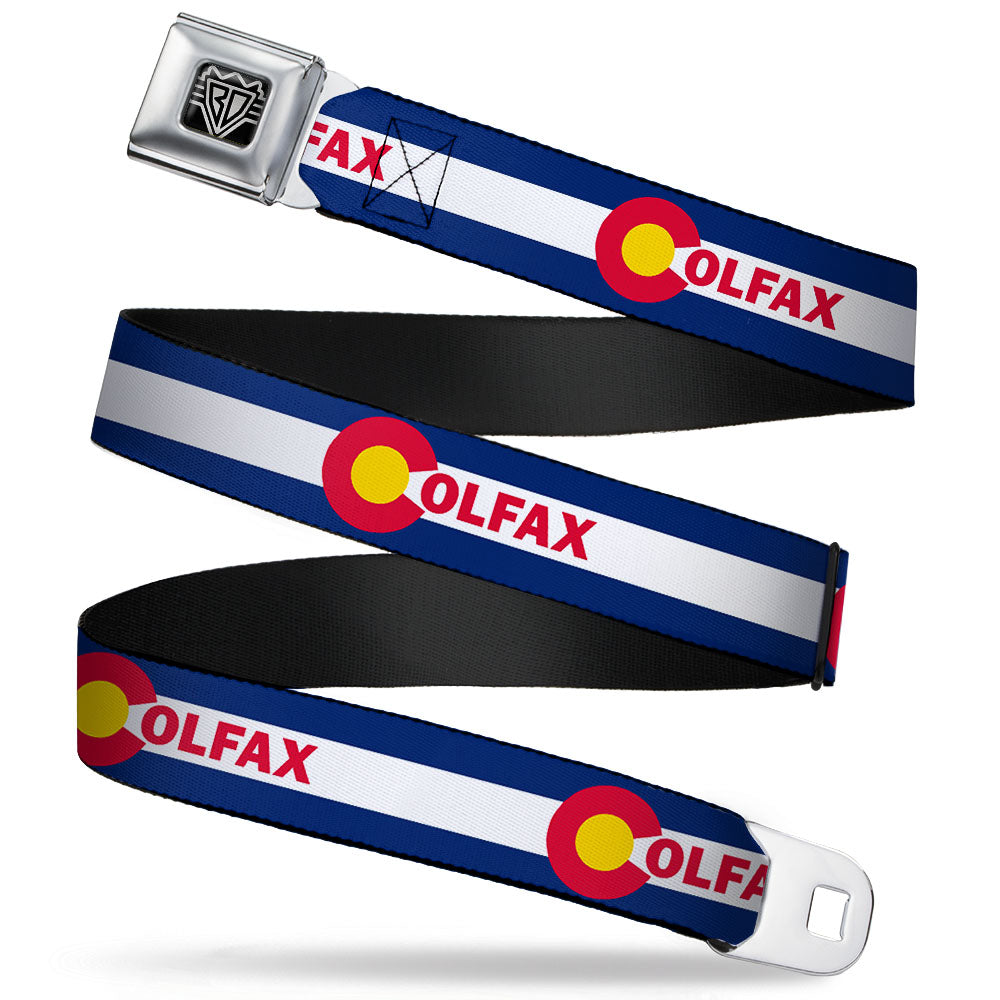 BD Wings Logo CLOSE-UP Full Color Black Silver Seatbelt Belt - Colfax Colorado Flag Webbing Seatbelt Belts Buckle-Down