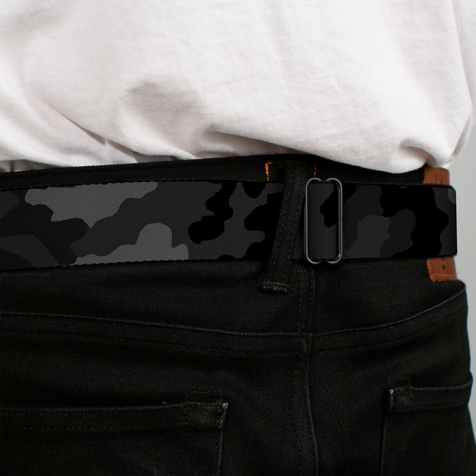 BD Wings Logo CLOSE-UP Full Color Black Silver Seatbelt Belt - Camo Charcoal Webbing Seatbelt Belts Buckle-Down
