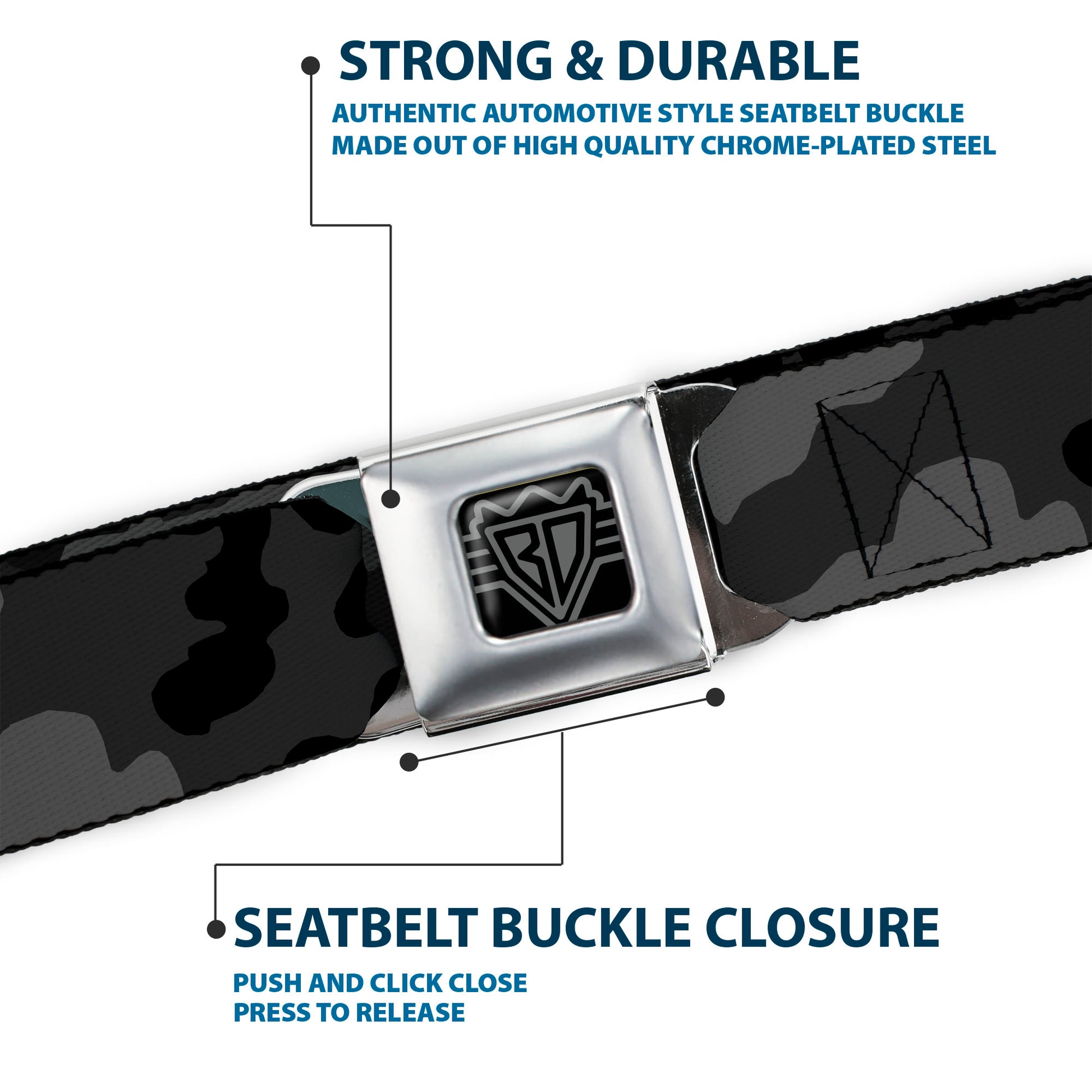 BD Wings Logo CLOSE-UP Full Color Black Silver Seatbelt Belt - Camo Charcoal Webbing Seatbelt Belts Buckle-Down