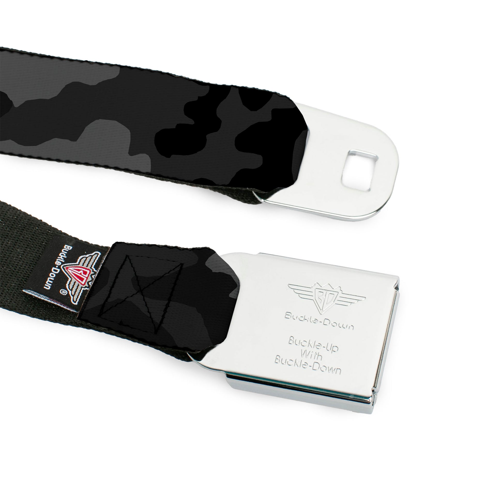BD Wings Logo CLOSE-UP Full Color Black Silver Seatbelt Belt - Camo Charcoal Webbing Seatbelt Belts Buckle-Down