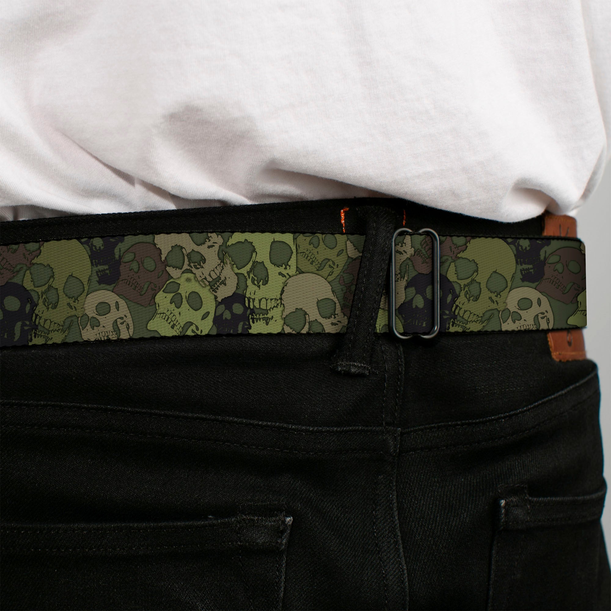 BD Wings Logo CLOSE-UP Full Color Black Silver Seatbelt Belt - Camo Olive Skull Yard Webbing Seatbelt Belts Buckle-Down