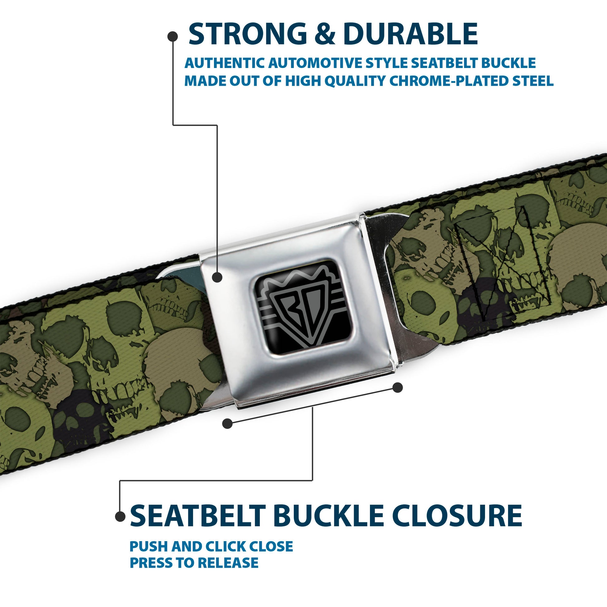 BD Wings Logo CLOSE-UP Full Color Black Silver Seatbelt Belt - Camo Olive Skull Yard Webbing Seatbelt Belts Buckle-Down