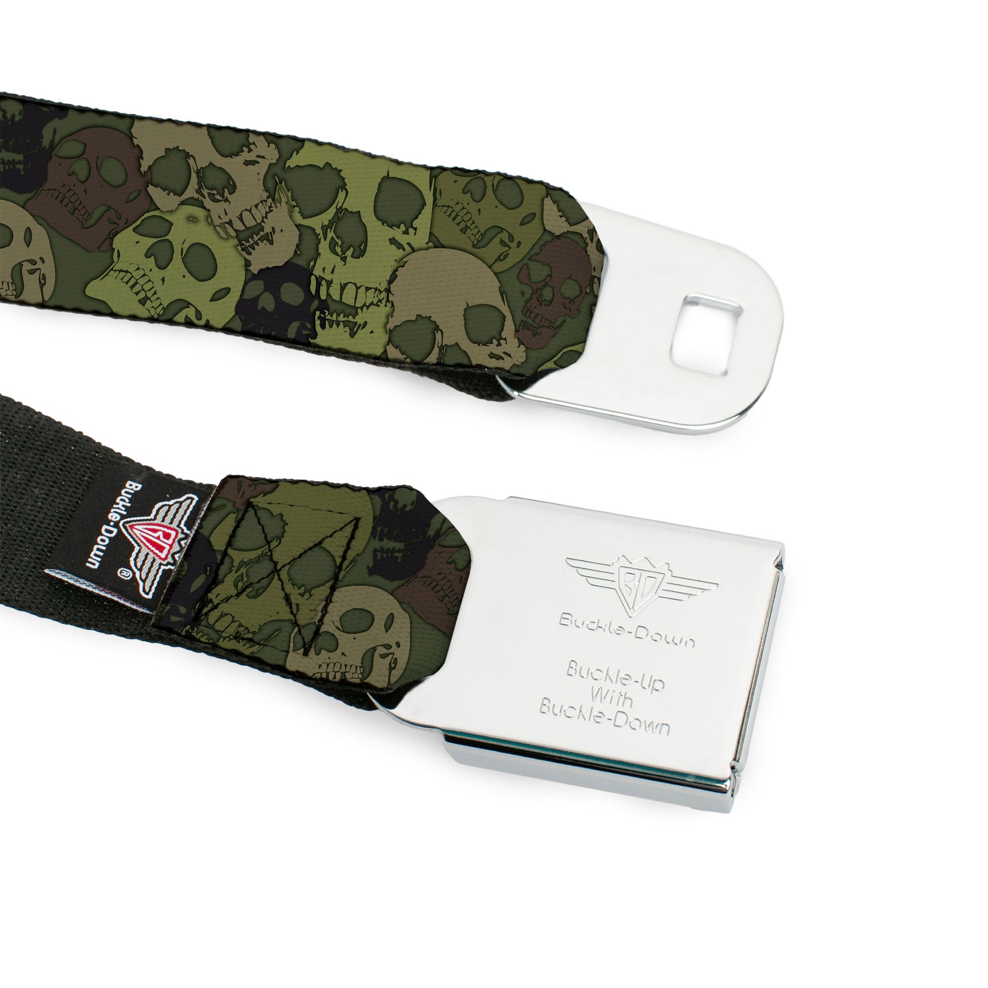 BD Wings Logo CLOSE-UP Full Color Black Silver Seatbelt Belt - Camo Olive Skull Yard Webbing Seatbelt Belts Buckle-Down