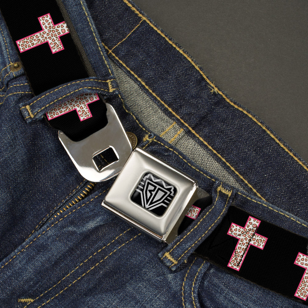 BD Wings Logo CLOSE-UP Full Color Black Silver Seatbelt Belt - Cross Repeat Black/Leopard Brown/Pink Outline Webbing Seatbelt Belts Buckle-Down