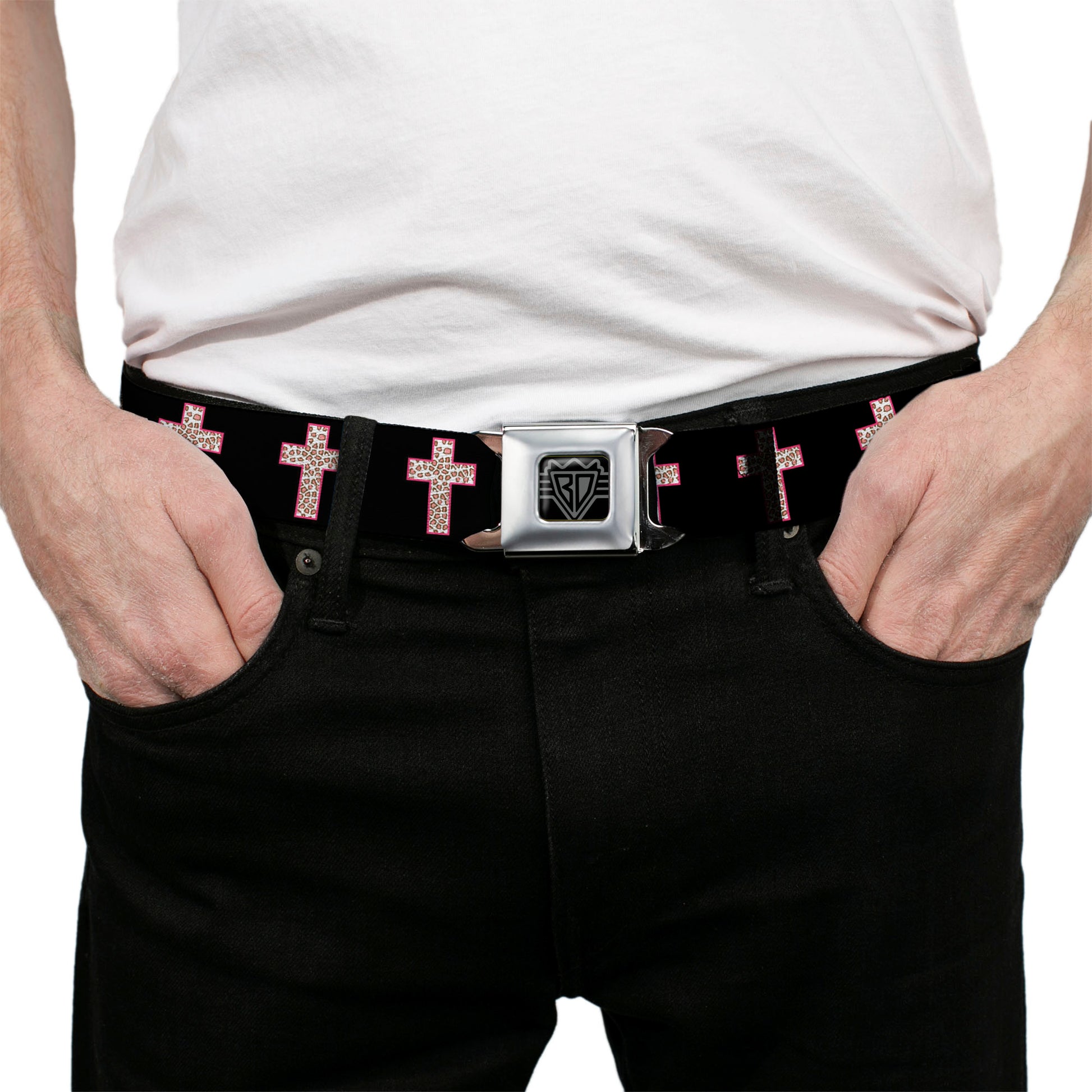 BD Wings Logo CLOSE-UP Full Color Black Silver Seatbelt Belt - Cross Repeat Black/Leopard Brown/Pink Outline Webbing Seatbelt Belts Buckle-Down