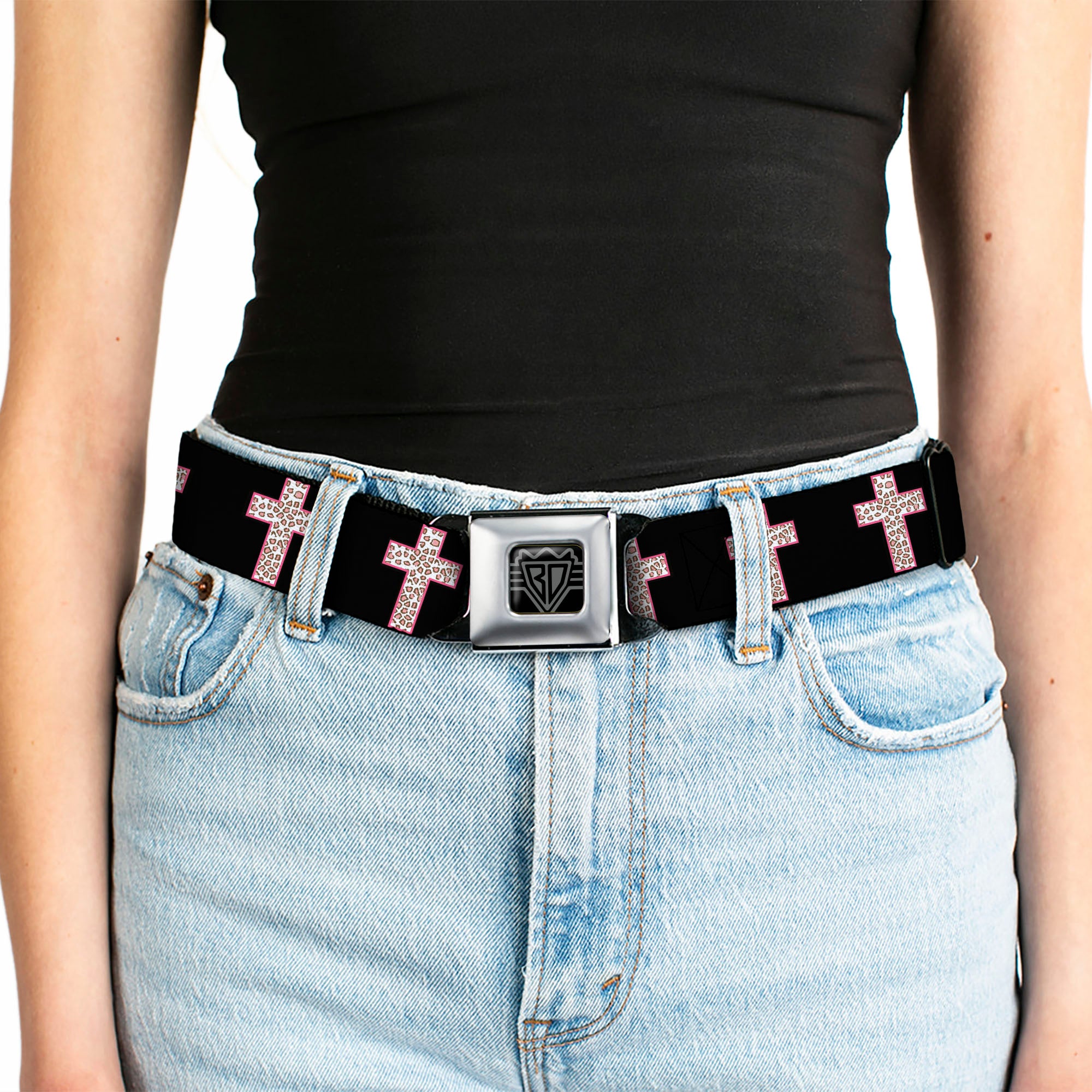 BD Wings Logo CLOSE-UP Full Color Black Silver Seatbelt Belt - Cross Repeat Black/Leopard Brown/Pink Outline Webbing Seatbelt Belts Buckle-Down