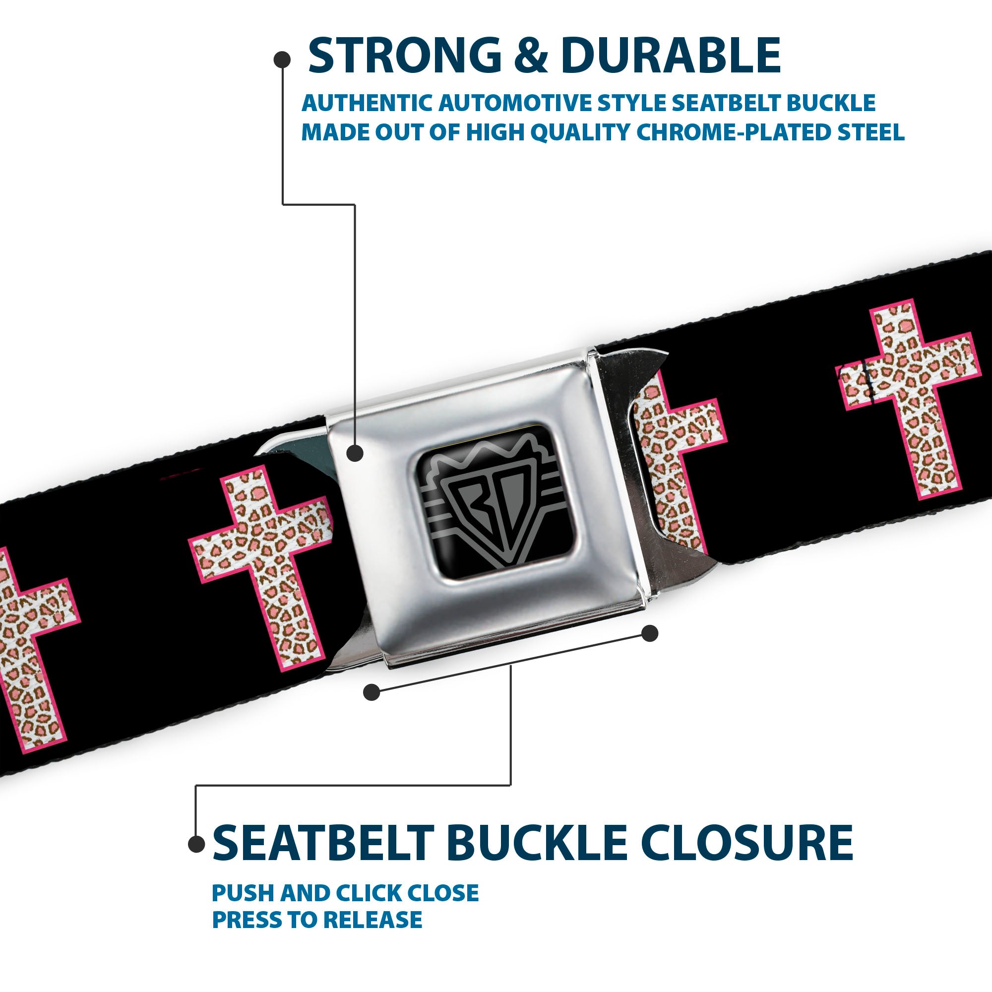 BD Wings Logo CLOSE-UP Full Color Black Silver Seatbelt Belt - Cross Repeat Black/Leopard Brown/Pink Outline Webbing Seatbelt Belts Buckle-Down