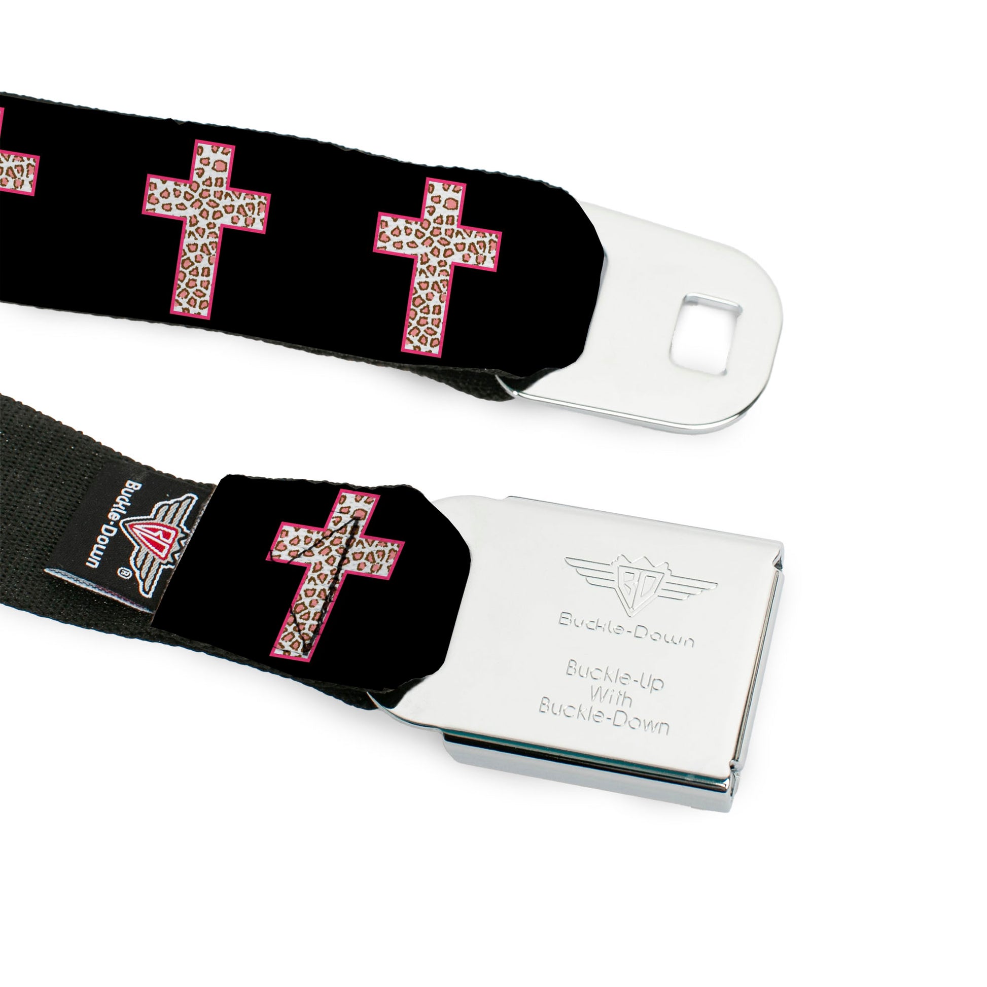 BD Wings Logo CLOSE-UP Full Color Black Silver Seatbelt Belt - Cross Repeat Black/Leopard Brown/Pink Outline Webbing Seatbelt Belts Buckle-Down