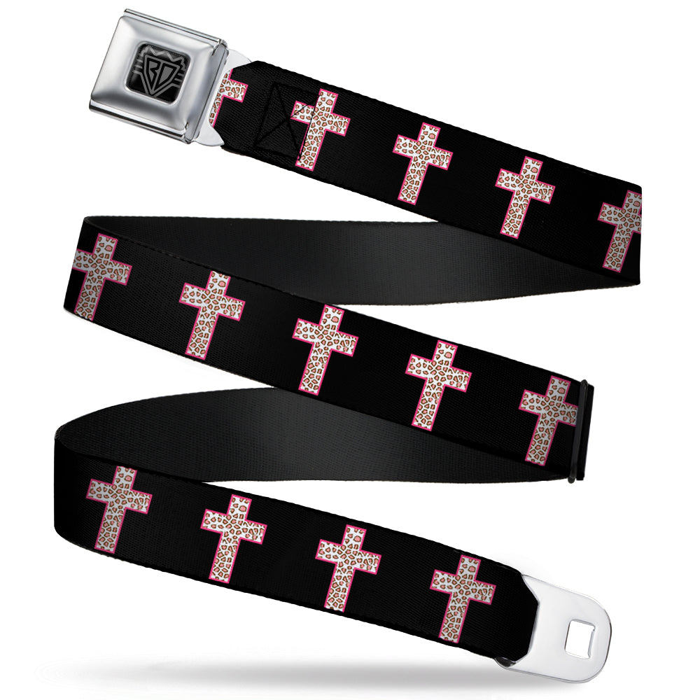 BD Wings Logo CLOSE-UP Full Color Black Silver Seatbelt Belt - Cross Repeat Black/Leopard Brown/Pink Outline Webbing Seatbelt Belts Buckle-Down