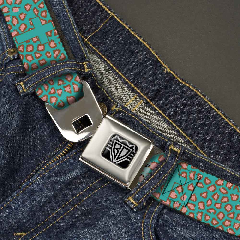 BD Wings Logo CLOSE-UP Full Color Black Silver Seatbelt Belt - Cross Repeat Leopard Turquoise/Pink Webbing Seatbelt Belts Buckle-Down