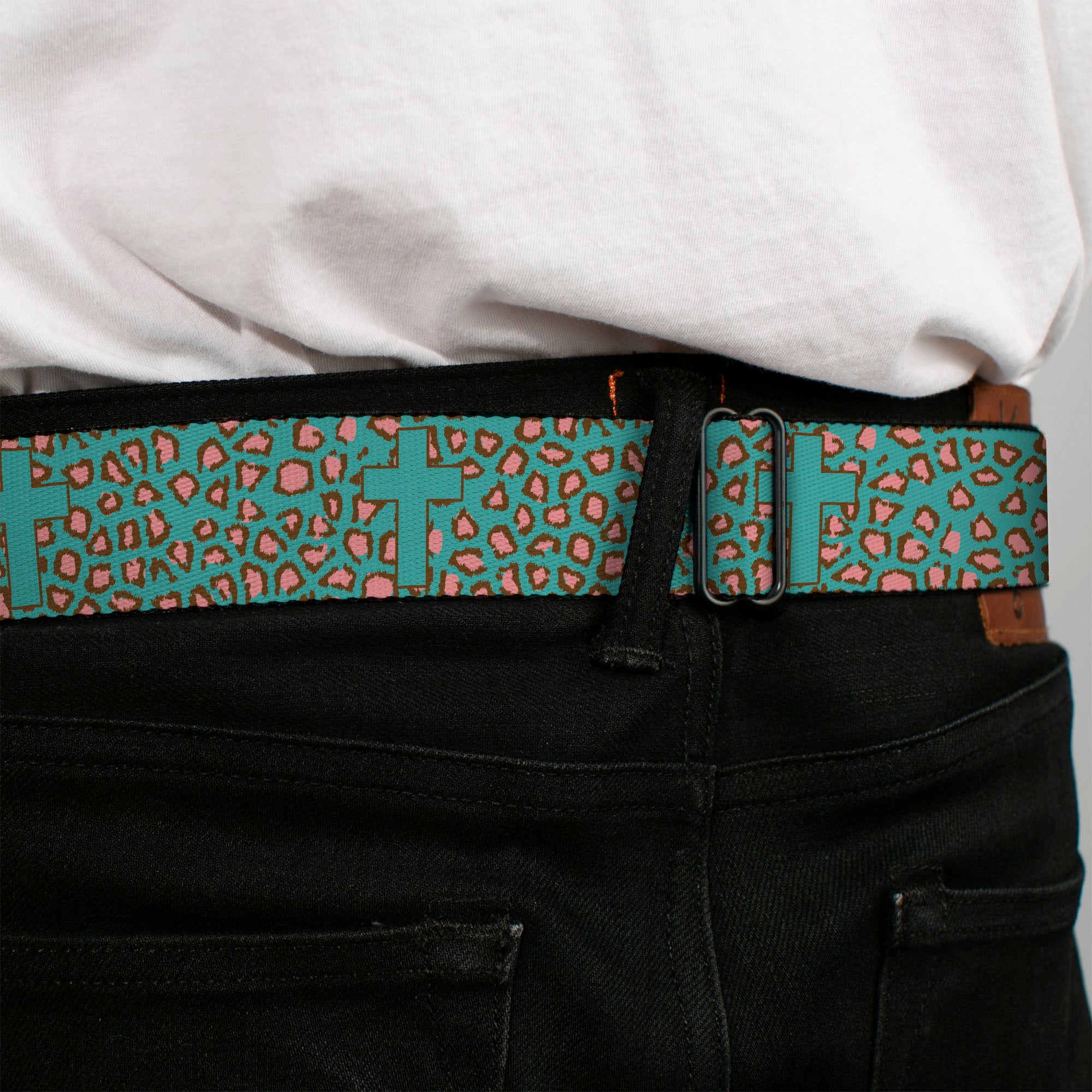 BD Wings Logo CLOSE-UP Full Color Black Silver Seatbelt Belt - Cross Repeat Leopard Turquoise/Pink Webbing Seatbelt Belts Buckle-Down