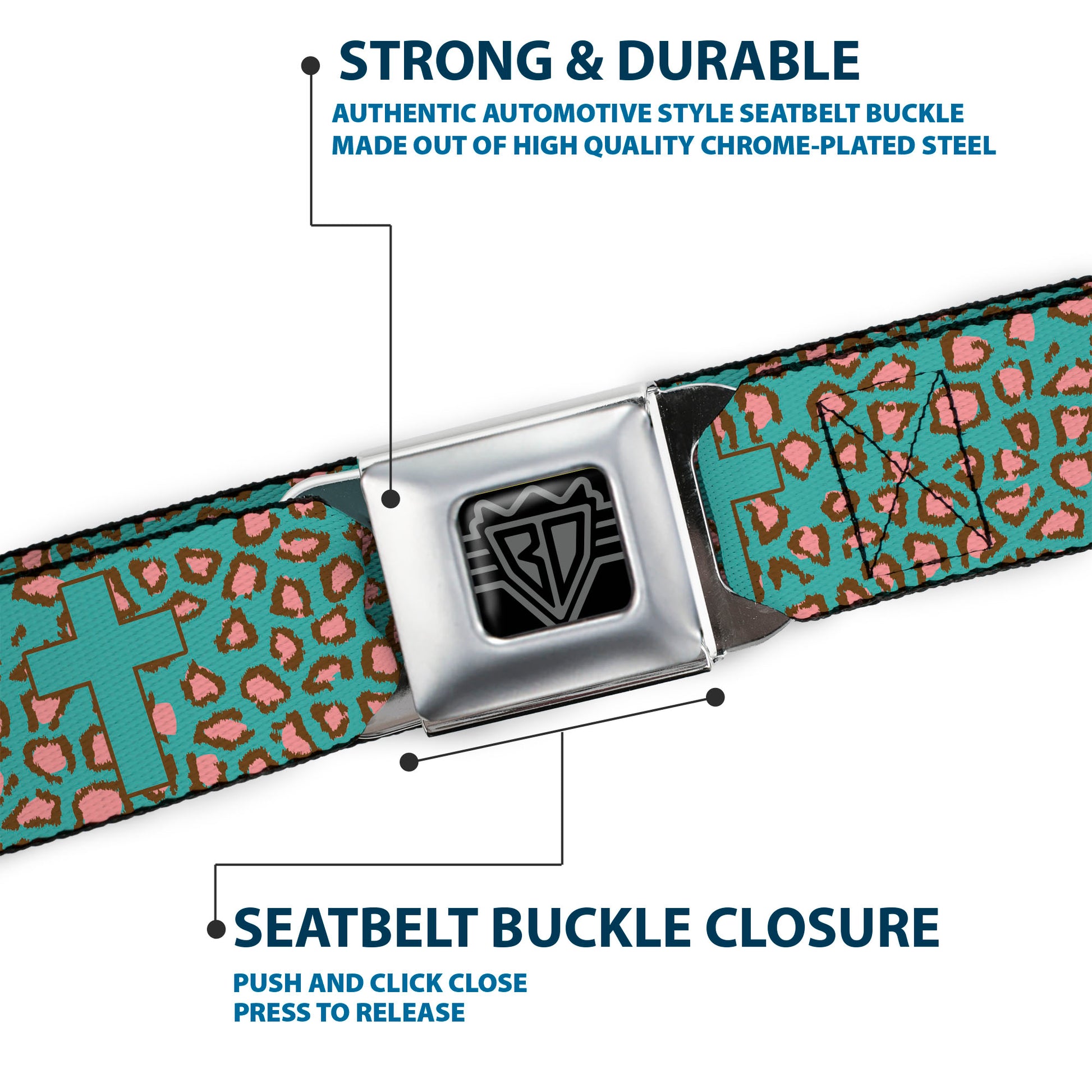 BD Wings Logo CLOSE-UP Full Color Black Silver Seatbelt Belt - Cross Repeat Leopard Turquoise/Pink Webbing Seatbelt Belts Buckle-Down