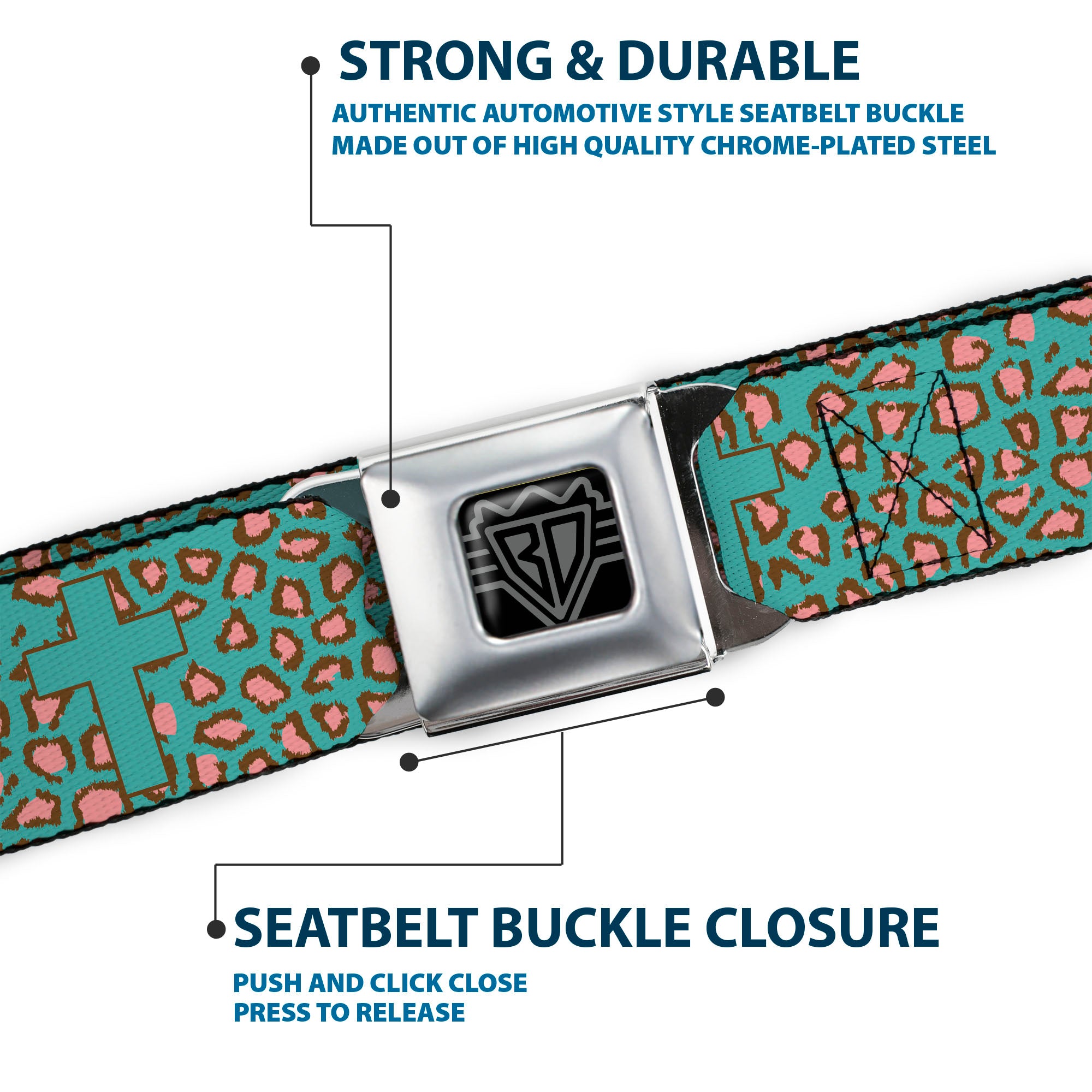 BD Wings Logo CLOSE-UP Full Color Black Silver Seatbelt Belt - Cross Repeat Leopard Turquoise/Pink Webbing Seatbelt Belts Buckle-Down