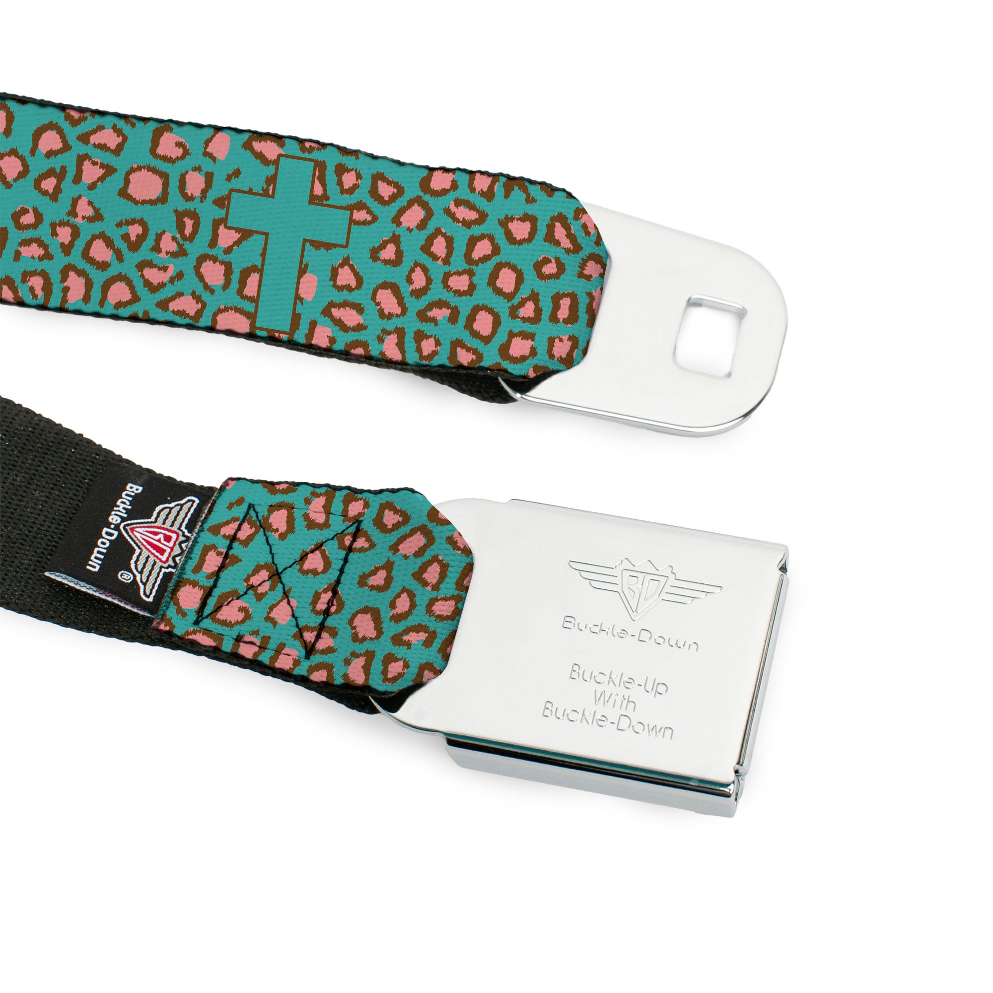 BD Wings Logo CLOSE-UP Full Color Black Silver Seatbelt Belt - Cross Repeat Leopard Turquoise/Pink Webbing Seatbelt Belts Buckle-Down