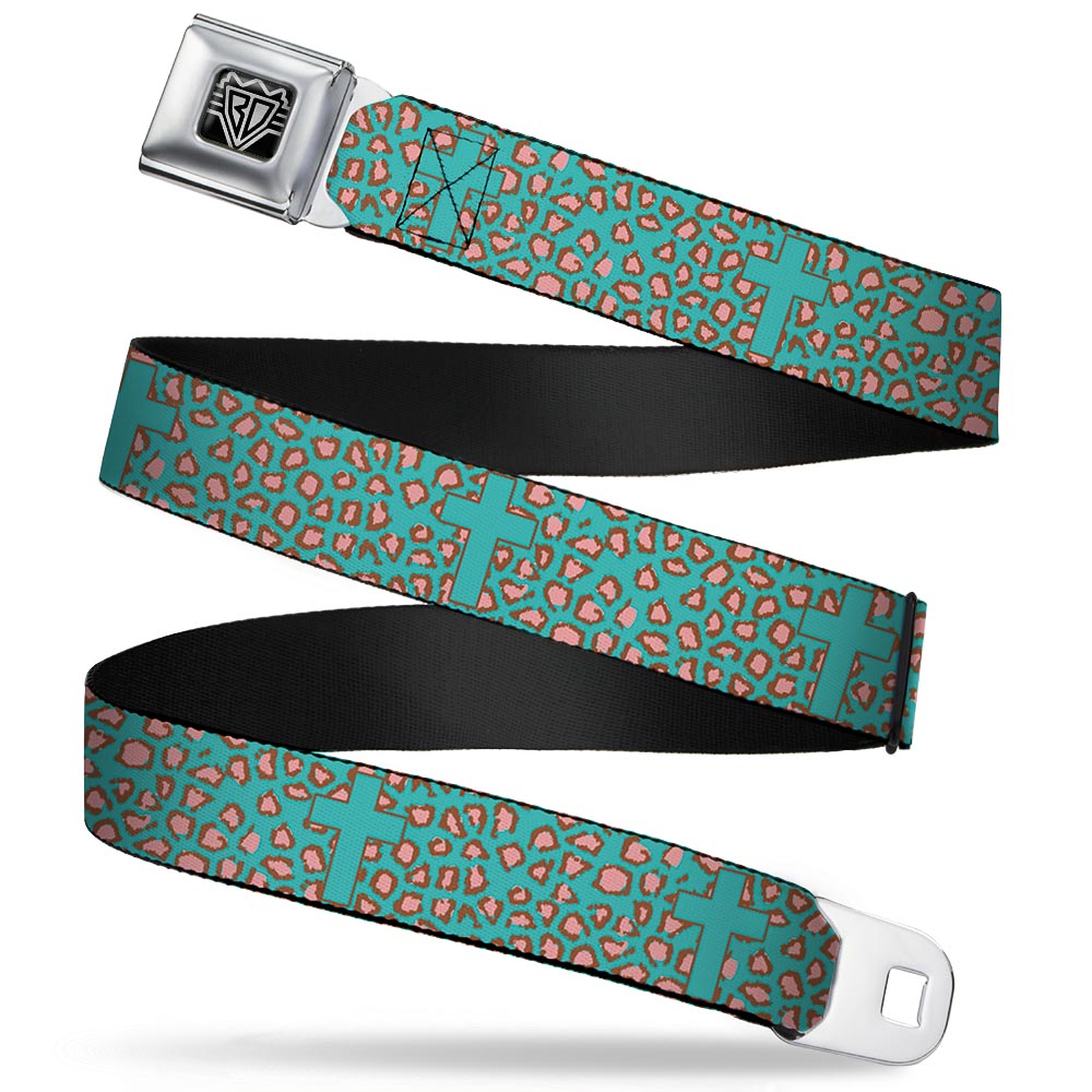 BD Wings Logo CLOSE-UP Full Color Black Silver Seatbelt Belt - Cross Repeat Leopard Turquoise/Pink Webbing Seatbelt Belts Buckle-Down