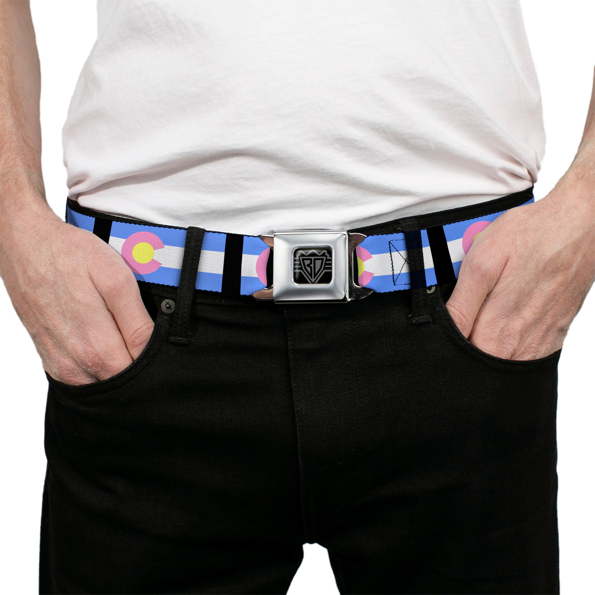 BD Wings Logo CLOSE-UP Full Color Black Silver Seatbelt Belt - Colorado Flags Pastel Webbing Seatbelt Belts Buckle-Down