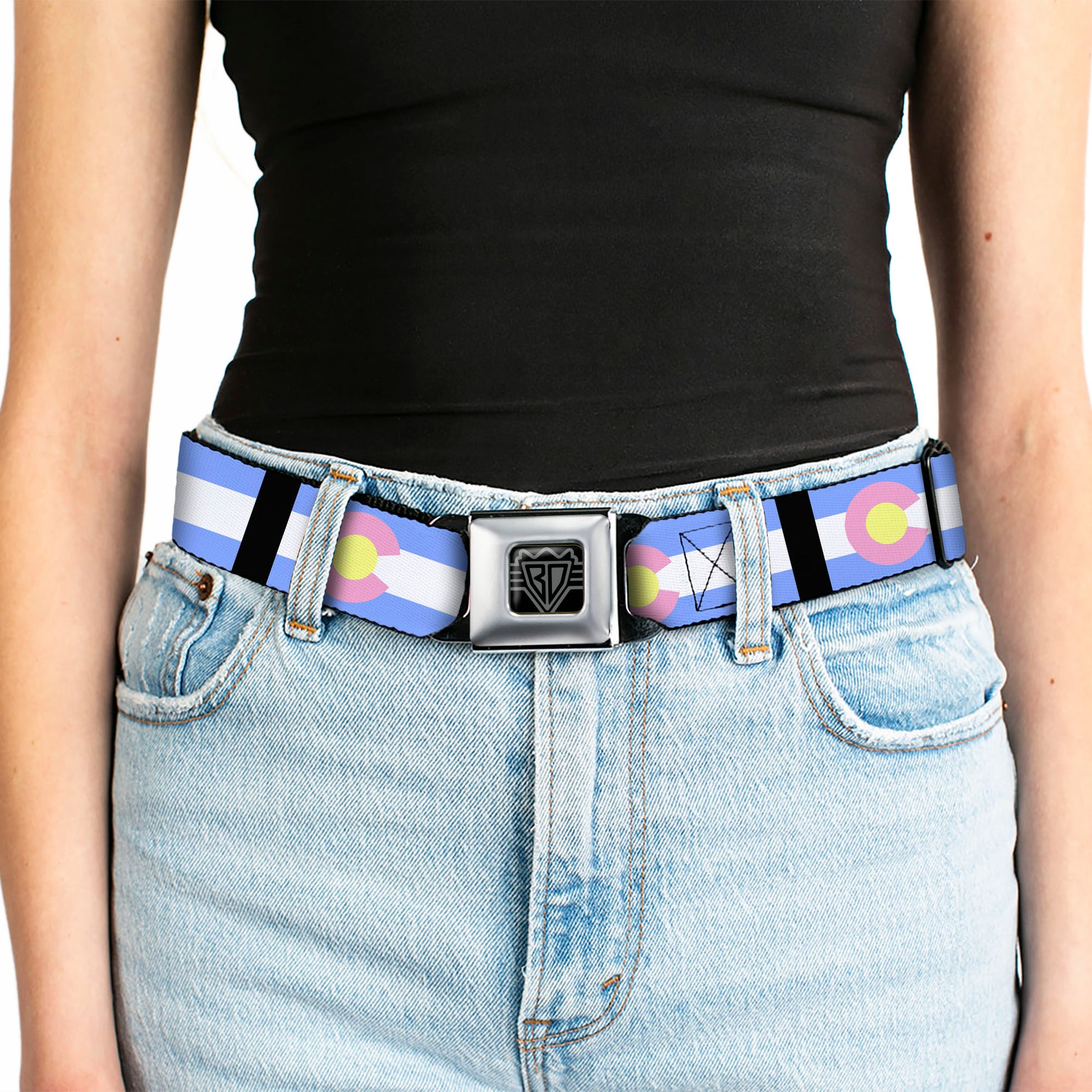 BD Wings Logo CLOSE-UP Full Color Black Silver Seatbelt Belt - Colorado Flags Pastel Webbing Seatbelt Belts Buckle-Down
