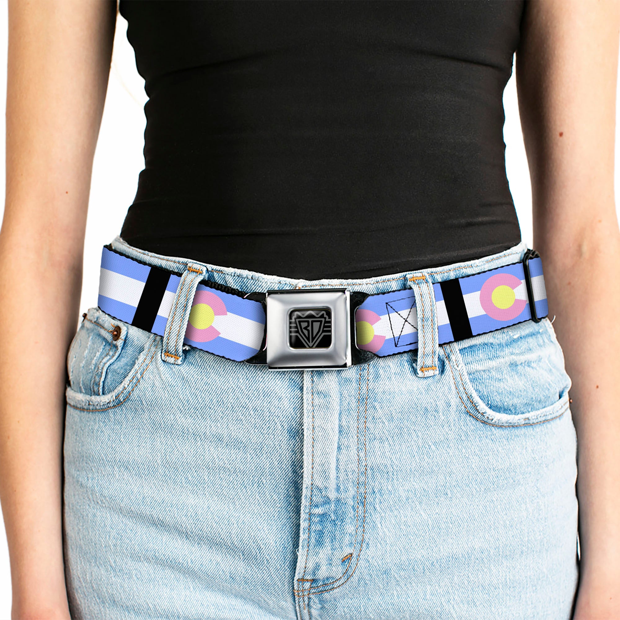 BD Wings Logo CLOSE-UP Full Color Black Silver Seatbelt Belt - Colorado Flags Pastel Webbing Seatbelt Belts Buckle-Down