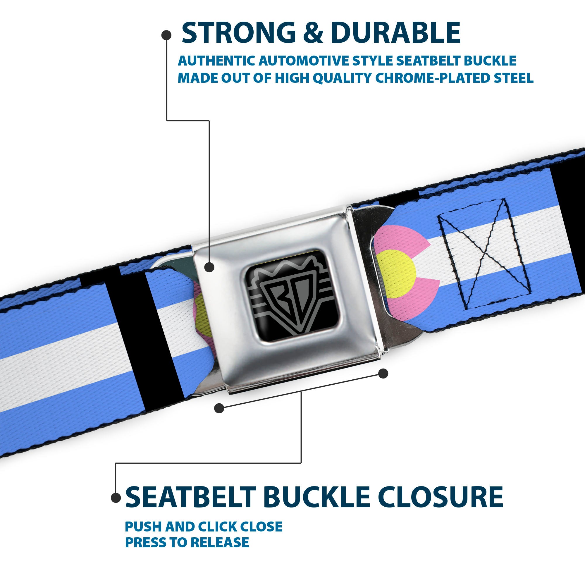 BD Wings Logo CLOSE-UP Full Color Black Silver Seatbelt Belt - Colorado Flags Pastel Webbing Seatbelt Belts Buckle-Down