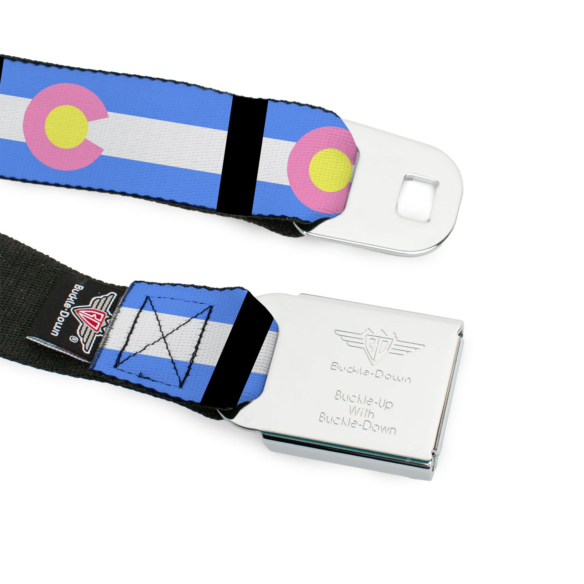 BD Wings Logo CLOSE-UP Full Color Black Silver Seatbelt Belt - Colorado Flags Pastel Webbing Seatbelt Belts Buckle-Down