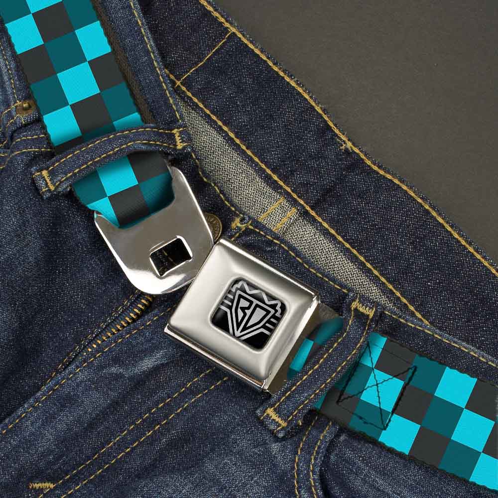 BD Wings Logo CLOSE-UP Full Color Black Silver Seatbelt Belt - Checker Trio Baby Blue/Black/Turquoise Webbing Seatbelt Belts Buckle-Down