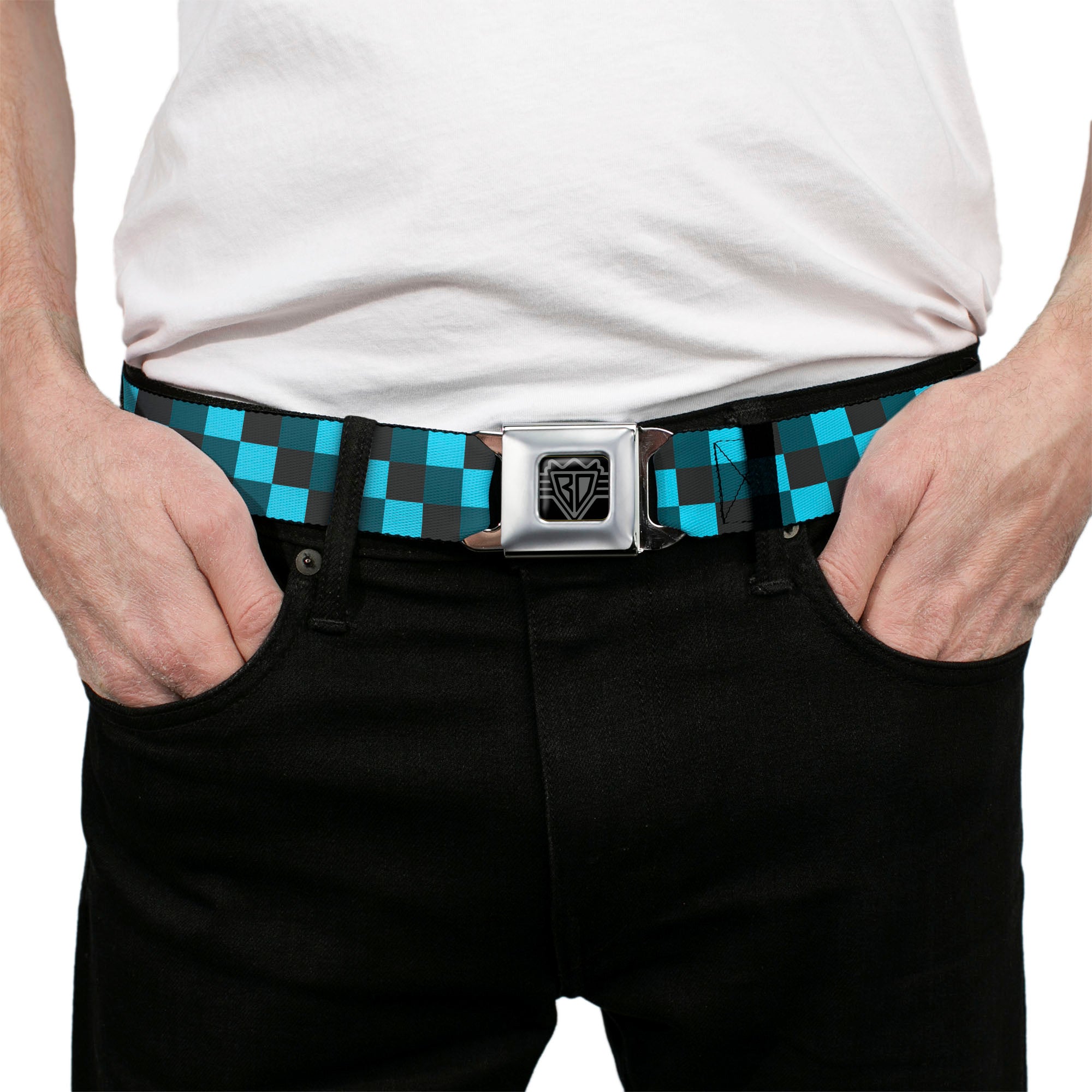 BD Wings Logo CLOSE-UP Full Color Black Silver Seatbelt Belt - Checker Trio Baby Blue/Black/Turquoise Webbing Seatbelt Belts Buckle-Down