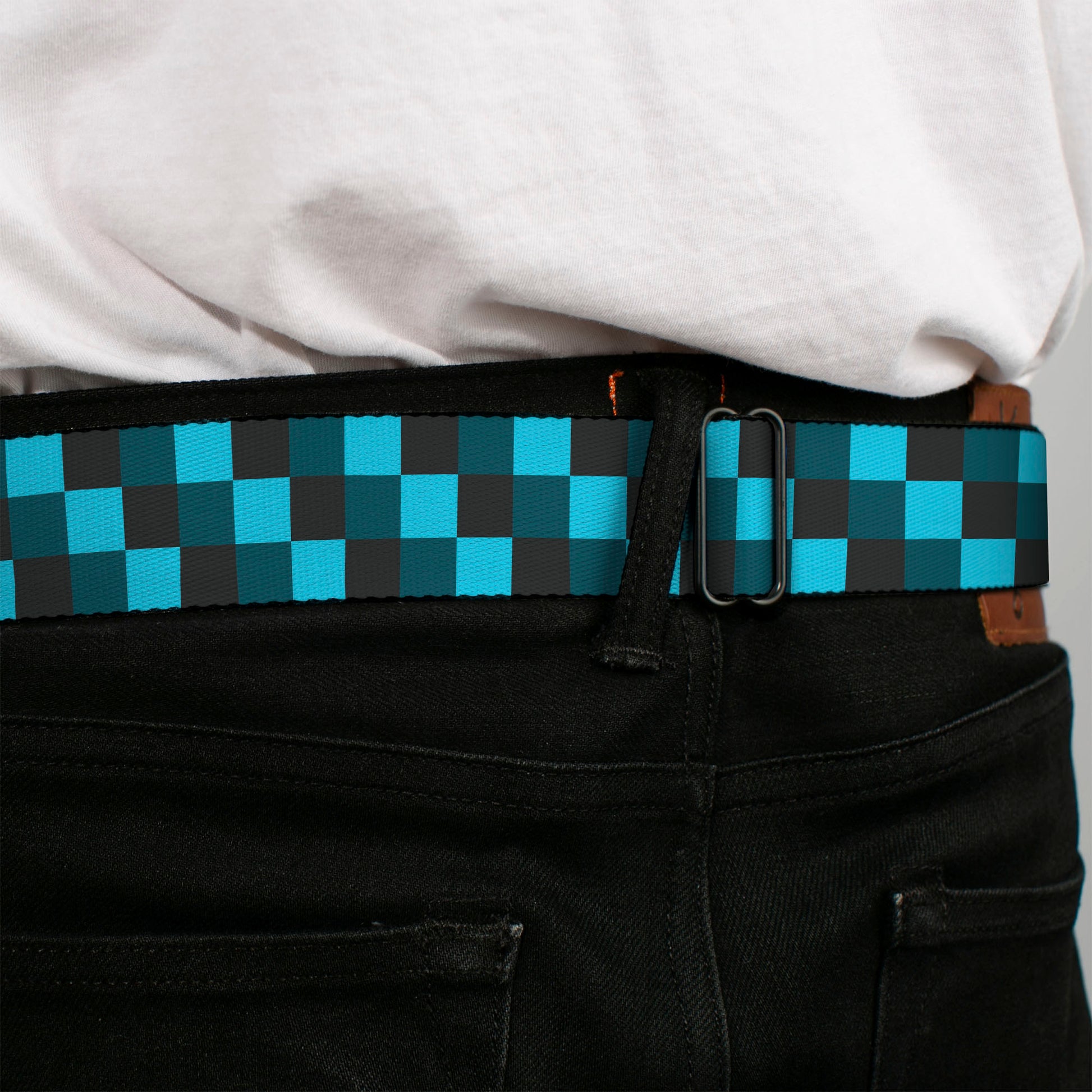 BD Wings Logo CLOSE-UP Full Color Black Silver Seatbelt Belt - Checker Trio Baby Blue/Black/Turquoise Webbing Seatbelt Belts Buckle-Down