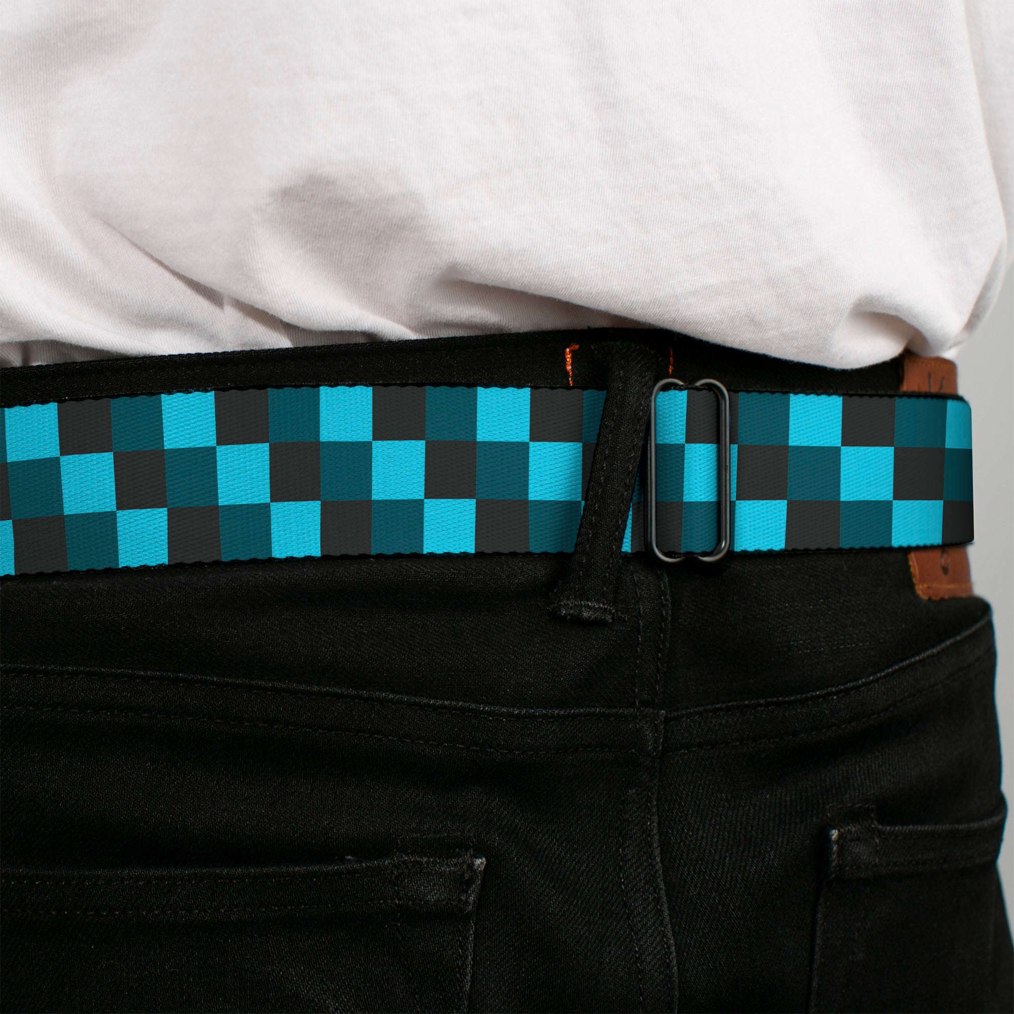 BD Wings Logo CLOSE-UP Full Color Black Silver Seatbelt Belt - Checker Trio Baby Blue/Black/Turquoise Webbing Seatbelt Belts Buckle-Down