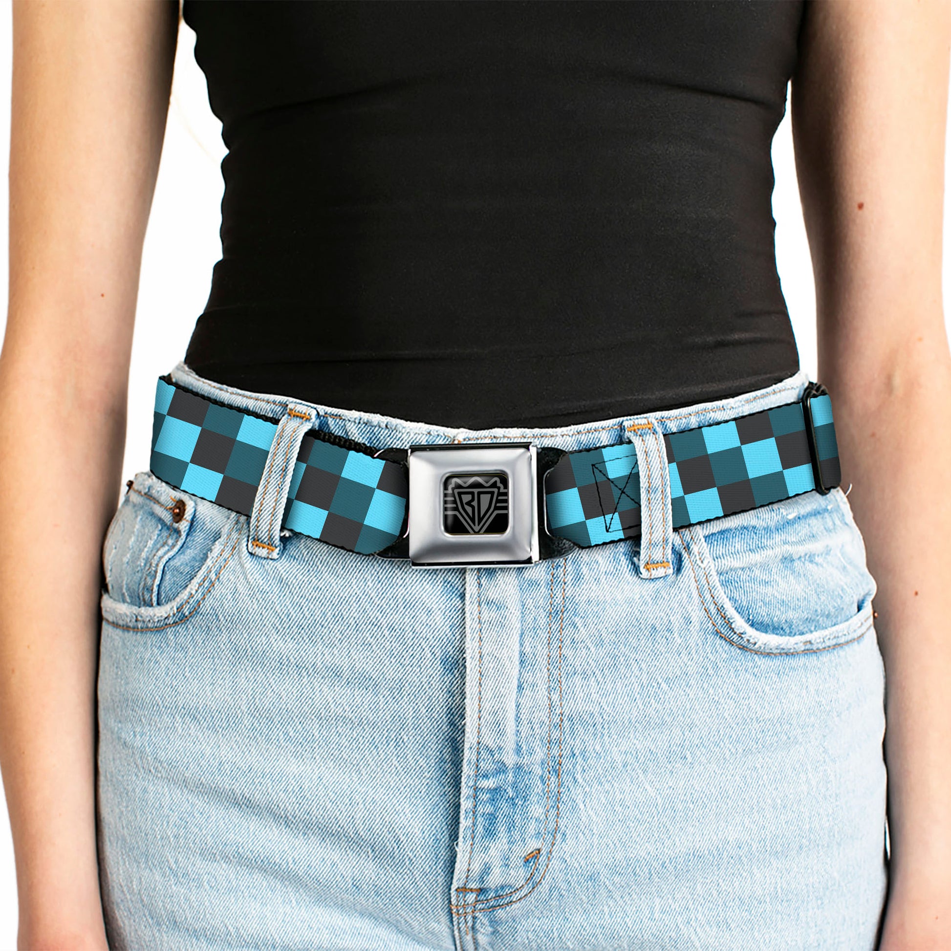BD Wings Logo CLOSE-UP Full Color Black Silver Seatbelt Belt - Checker Trio Baby Blue/Black/Turquoise Webbing Seatbelt Belts Buckle-Down