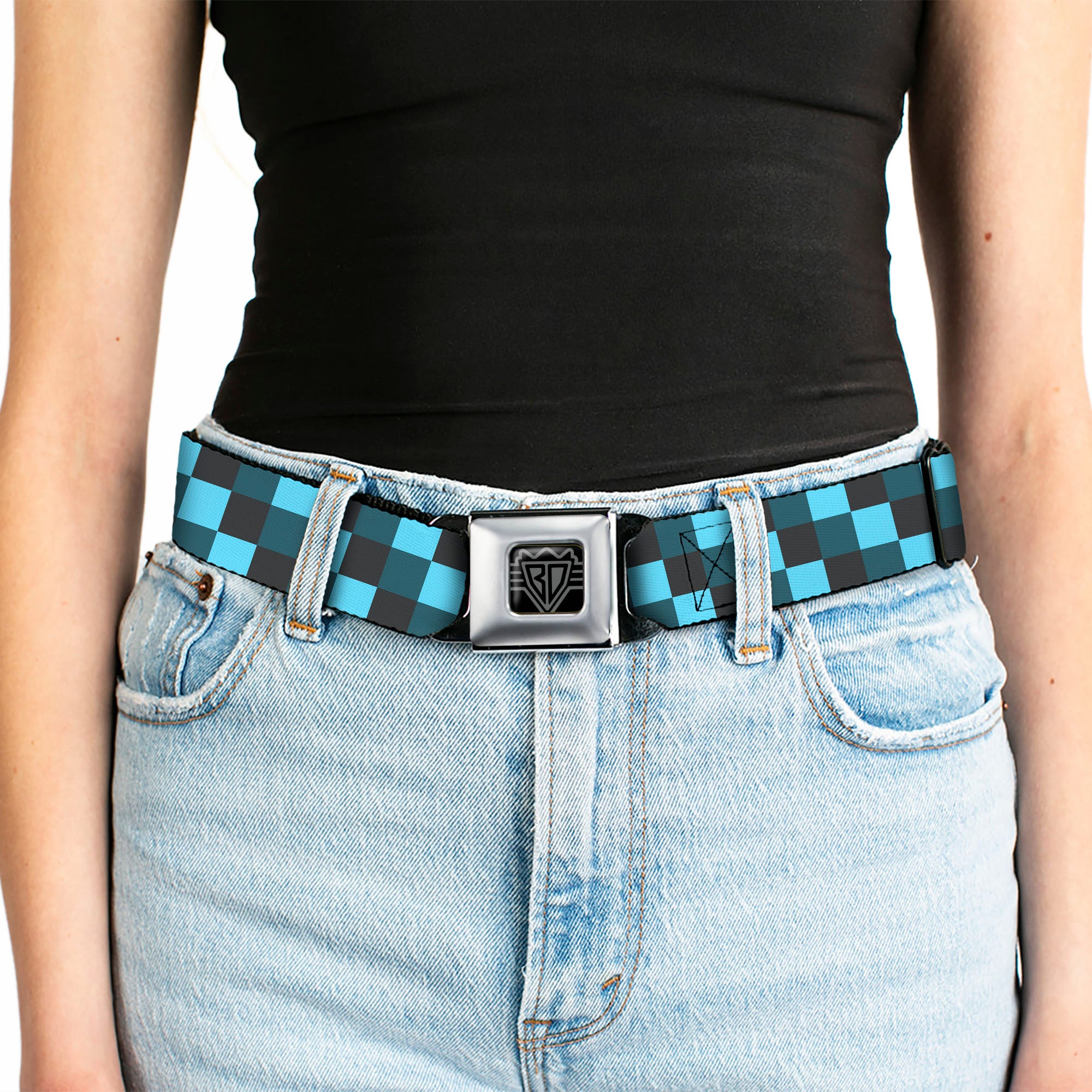 BD Wings Logo CLOSE-UP Full Color Black Silver Seatbelt Belt - Checker Trio Baby Blue/Black/Turquoise Webbing Seatbelt Belts Buckle-Down