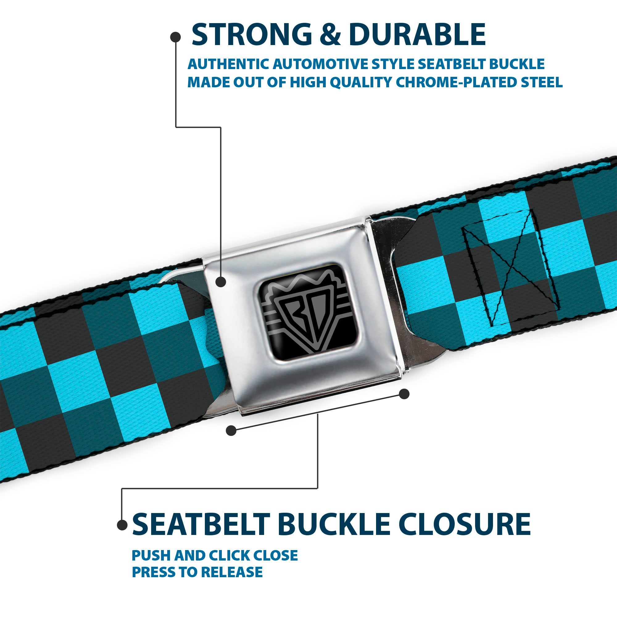 BD Wings Logo CLOSE-UP Full Color Black Silver Seatbelt Belt - Checker Trio Baby Blue/Black/Turquoise Webbing Seatbelt Belts Buckle-Down