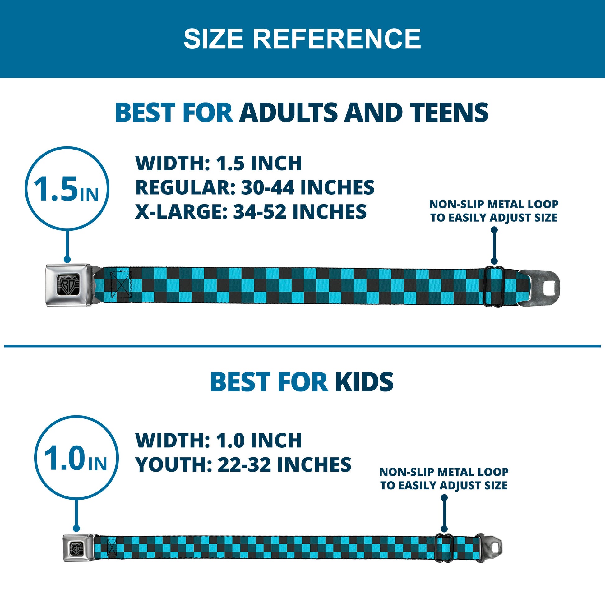 BD Wings Logo CLOSE-UP Full Color Black Silver Seatbelt Belt - Checker Trio Baby Blue/Black/Turquoise Webbing Seatbelt Belts Buckle-Down