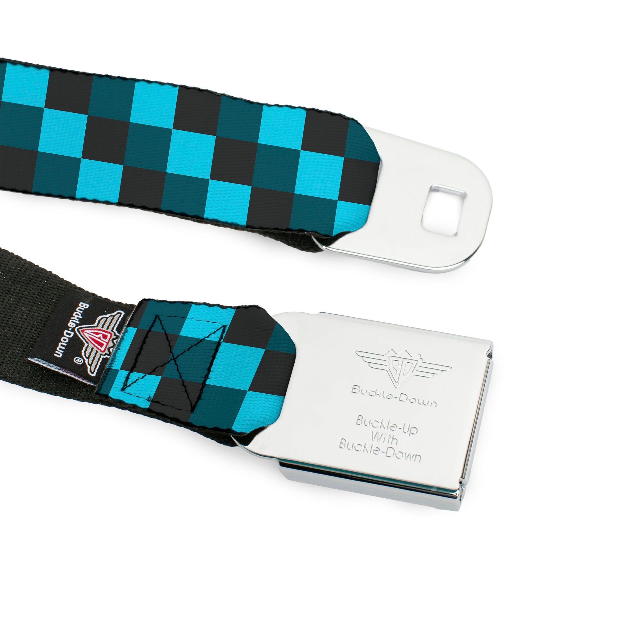 BD Wings Logo CLOSE-UP Full Color Black Silver Seatbelt Belt - Checker Trio Baby Blue/Black/Turquoise Webbing Seatbelt Belts Buckle-Down