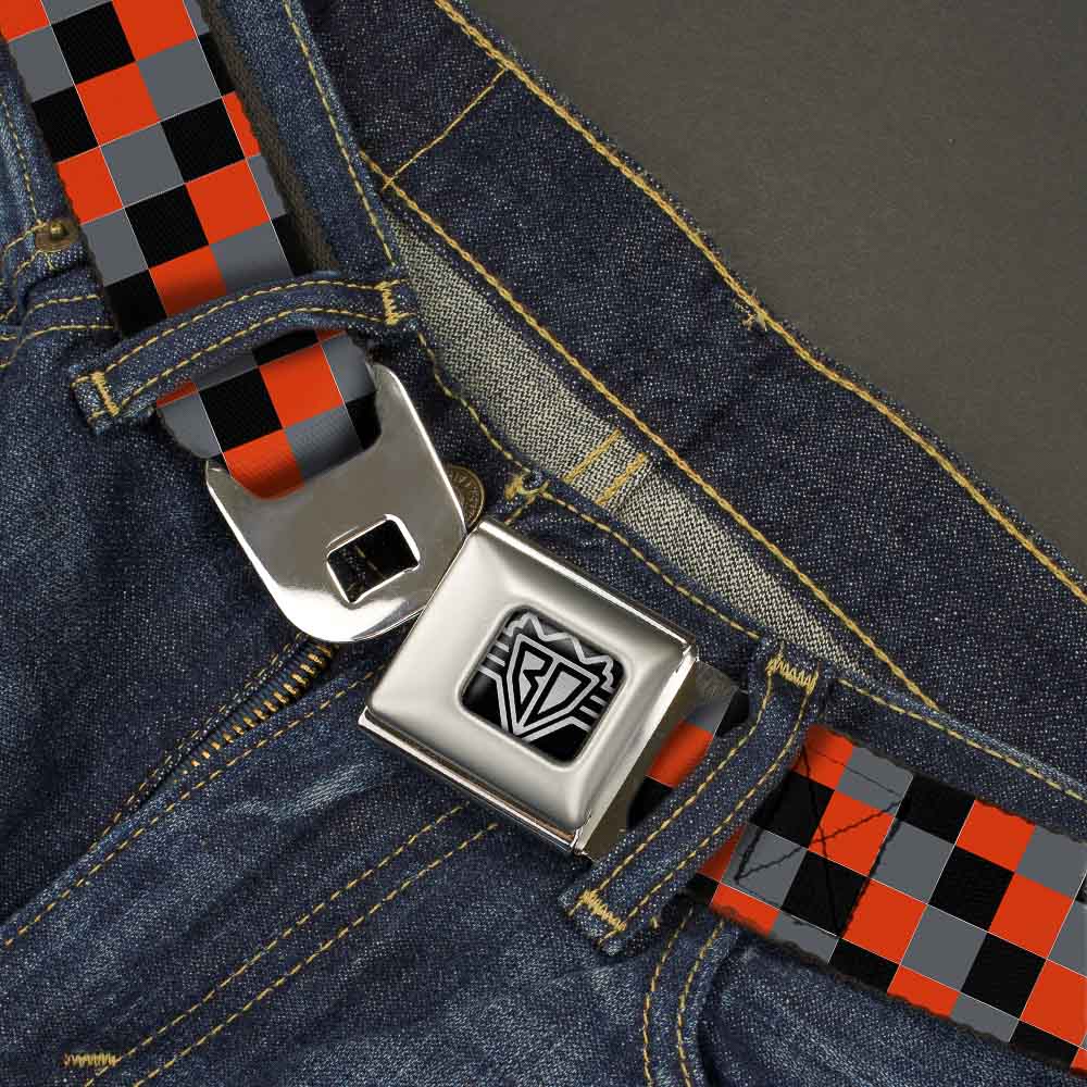 BD Wings Logo CLOSE-UP Full Color Black Silver Seatbelt Belt - Checker Trio Gray/Black/Red Webbing Seatbelt Belts Buckle-Down