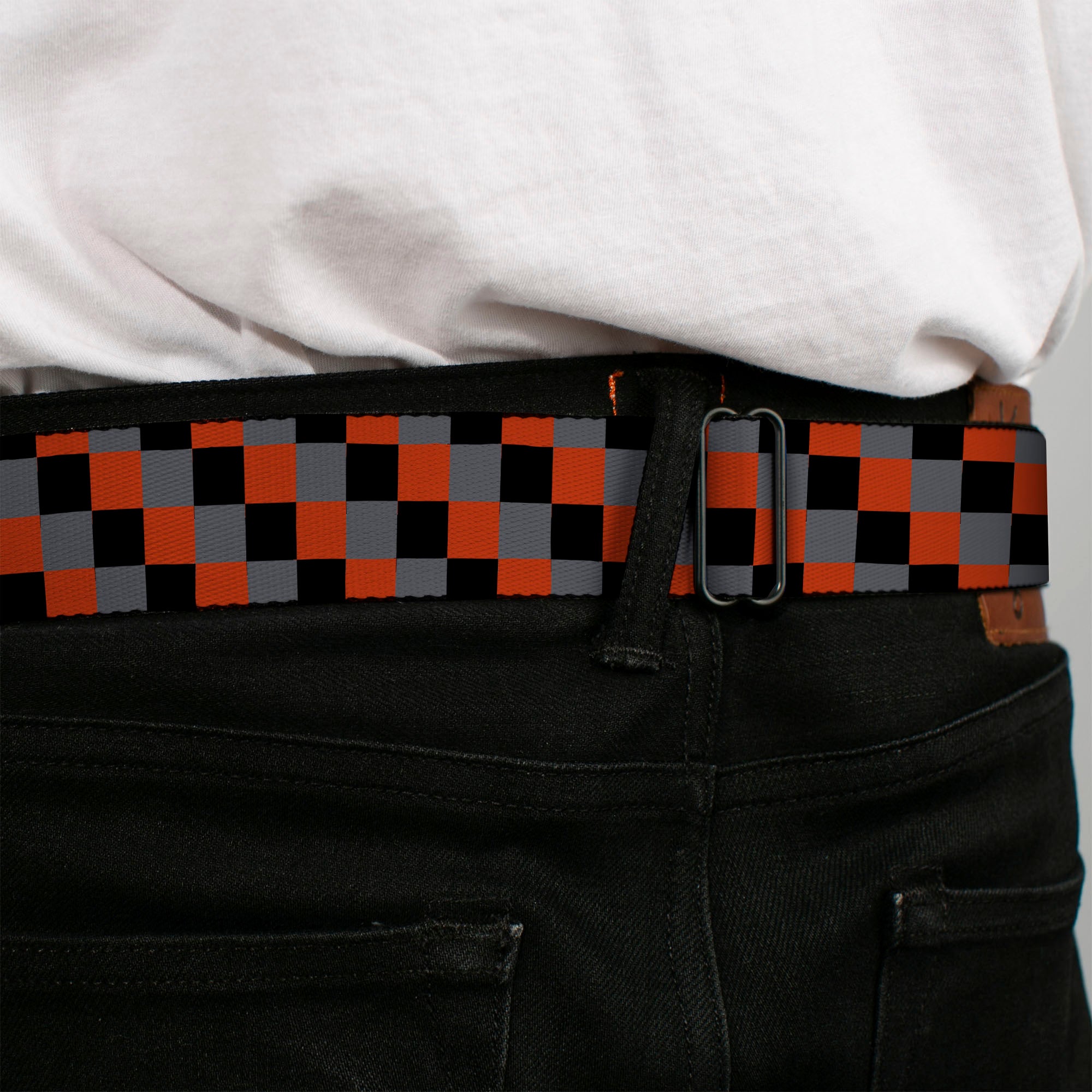 BD Wings Logo CLOSE-UP Full Color Black Silver Seatbelt Belt - Checker Trio Gray/Black/Red Webbing Seatbelt Belts Buckle-Down